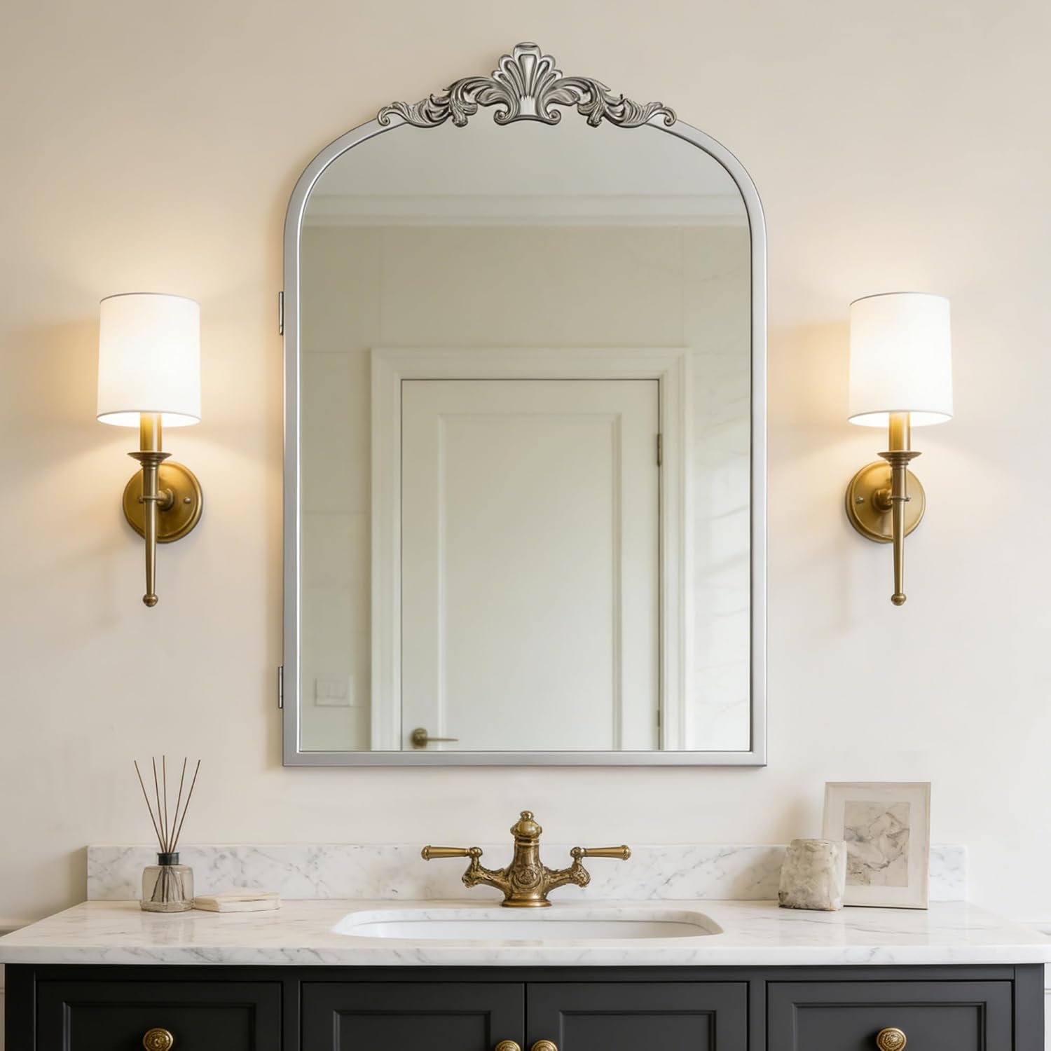 SDHYL 24"x16" Recessed Medicine Cabinet with Mirror, Vintage Silver Wall-Mounted Bathroom Mirror Cabinet with Storage, 2 Stable & Removable Shelves