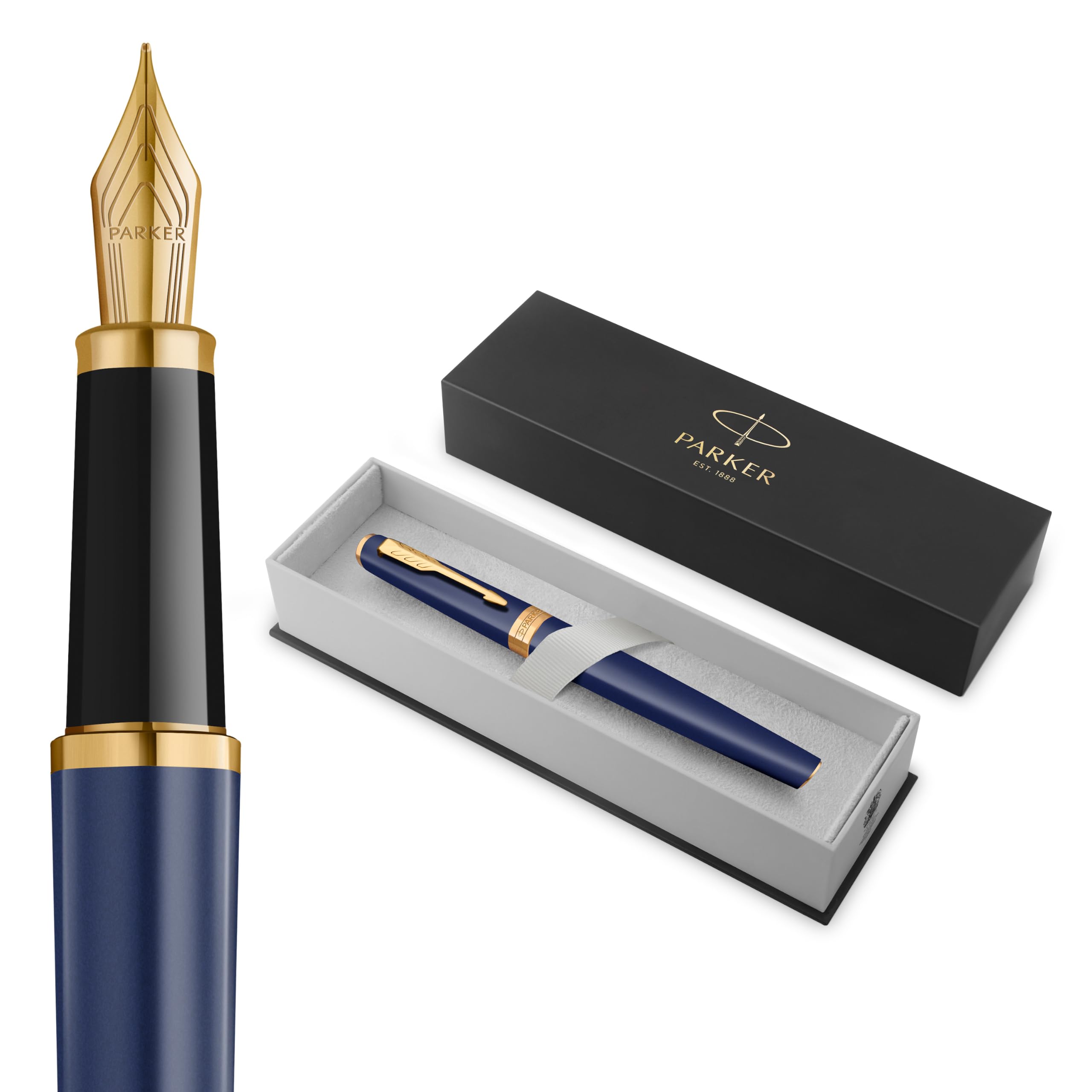 PARKER Meridian Füller | Blauer Lack mit goldenen Verzierungen | Mittlere Feder | Schönschreibfüller & Journaling Zubehör | Blaue Tinte | Luxus-Geschenkbox