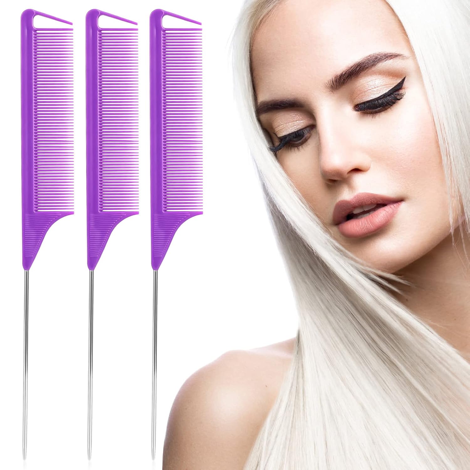 Rat Tail Steel Pin Teasing Combs Set: 3 Pack Hair Styling Combs for Parting and Teasing All Hair Types (Purple) image 2