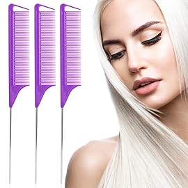 Rat Tail Steel Pin Teasing Combs Set: 3 Pack Hair Styling Combs for Parting and Teasing All Hair Types (Purple)