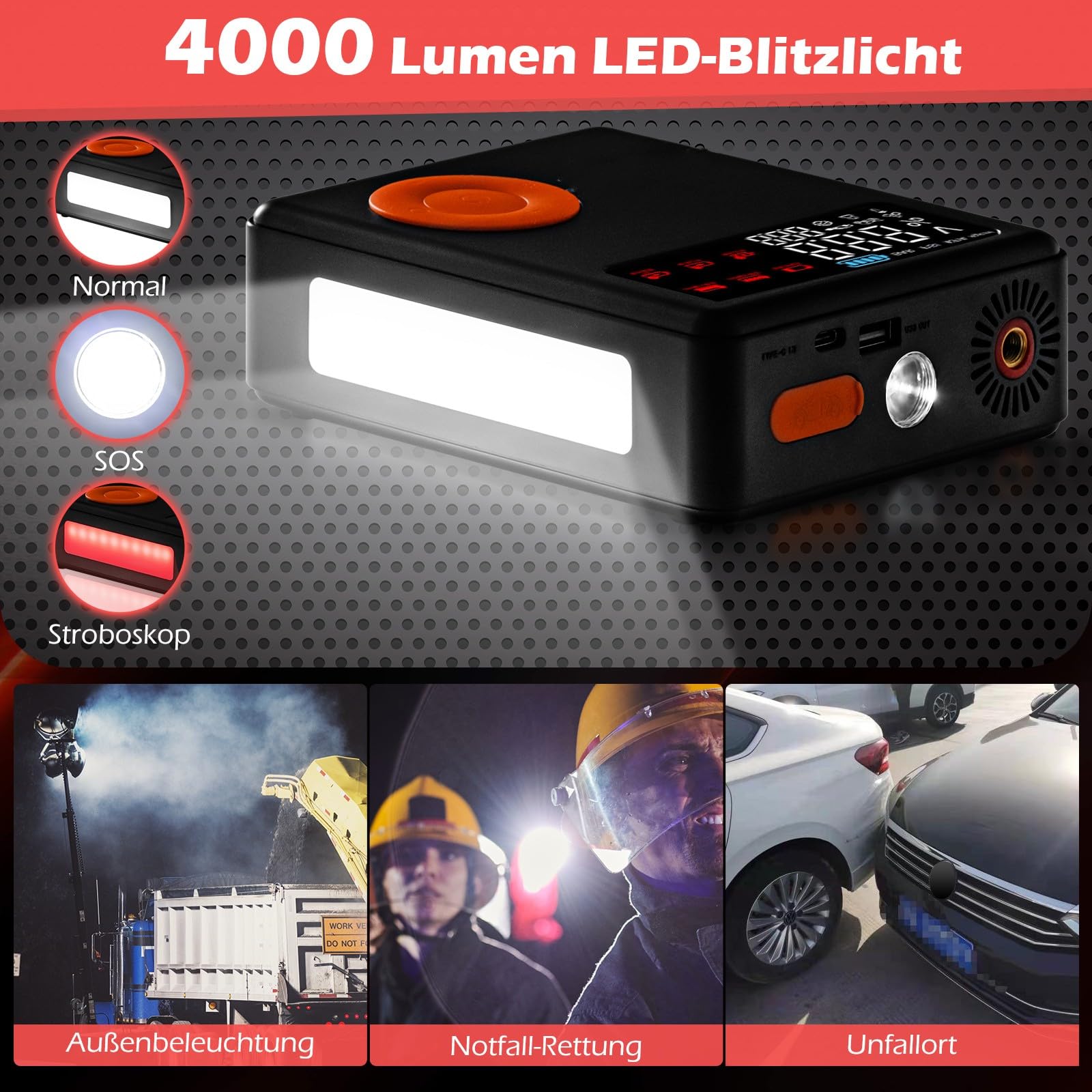 GYMAX Arrancador de Baterías para Coche, 2000A, 12V (para Motores de hasta 8.0L de Gasolina o 5L de Diésel), Arrancador de Coches Portatil con Carga Rápida USB y Linterna LED de Emergencia