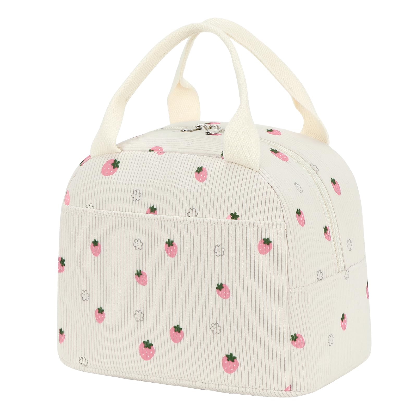 Nanxson Cute Corduroy Insulated Packed Lunch Bag, Reuseable Portable Lunch Box with Cooler Capacity for School Work Travel Beach Daily Use for Girls Teens Adult (9.8L,A-Pink Strawberry)