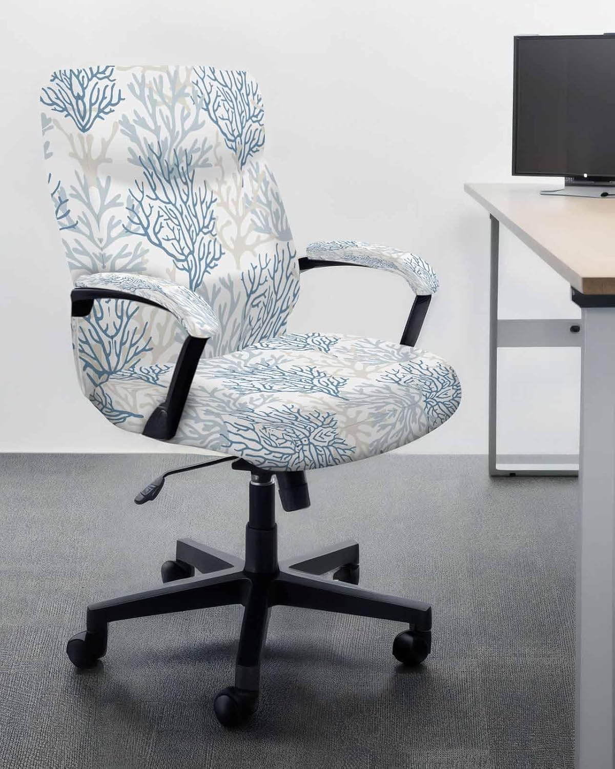 DecorLovee Blue Grey Coral Coastal Office Chair Cover with Armrest Covers & Zipper, Summer Beach Spandex Computer Chair Covers, Seaside Nautical Universal Rotating Desk Chair Slipcovers Protector, S