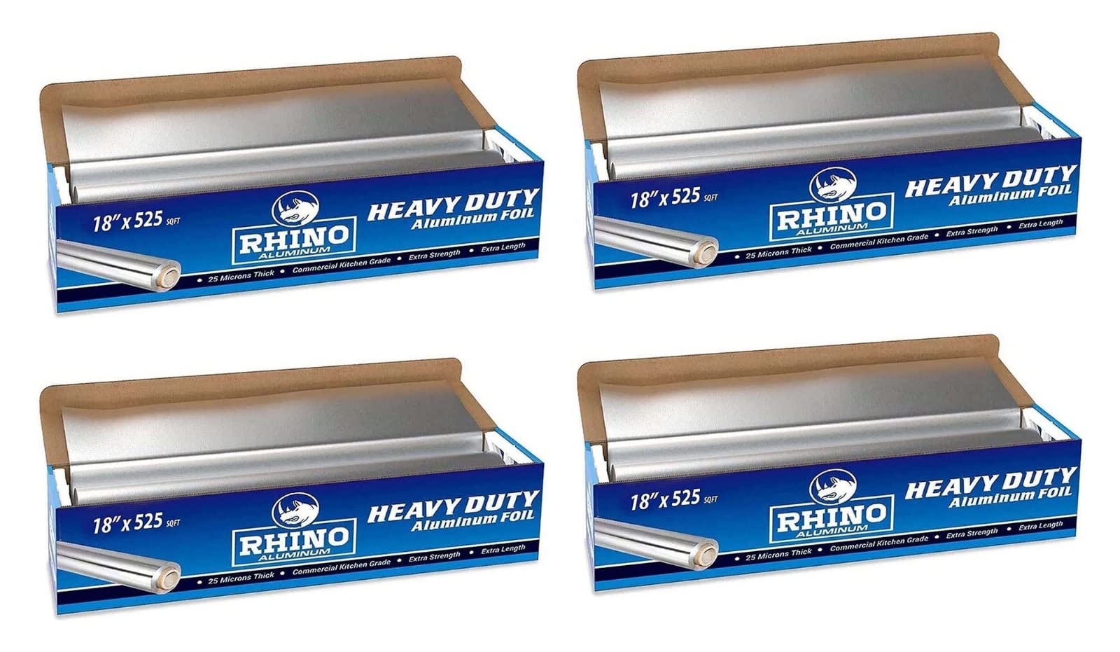 Rhino Aluminum Rollo de aluminio resistente de 18 x 525 sf (paquete de 4), 25 micras de grosor, grado comercial y extra grueso, lo suficientemente fuerte para la industria del servicio de alimentos