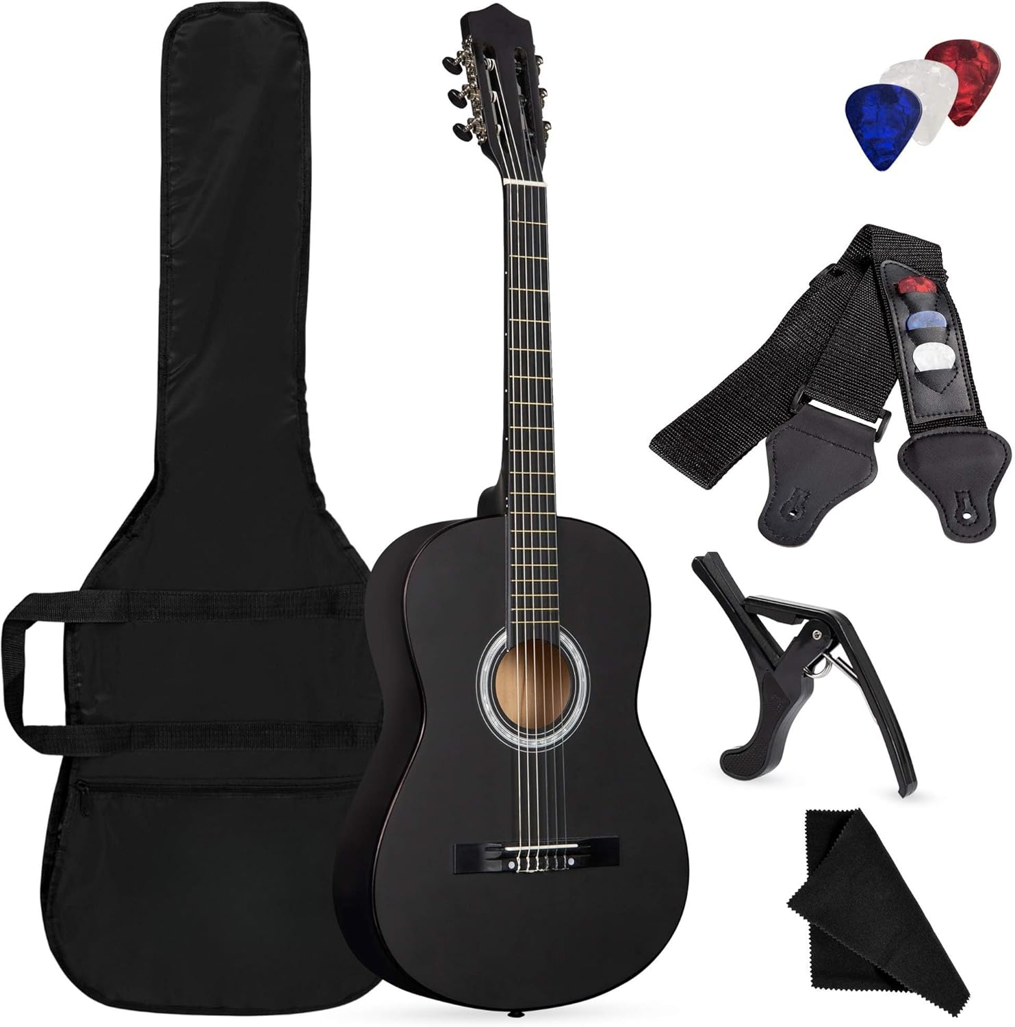 38 Inch Full Size Acoustic Guitar for Beginners & Adults - Effortless to Play with Soft Nylon Strings, All Wood Construction. All-Inclusive Starter Kit with Gig Bag, Capo, Picks & Cloth (Black) - Image 1 of 7