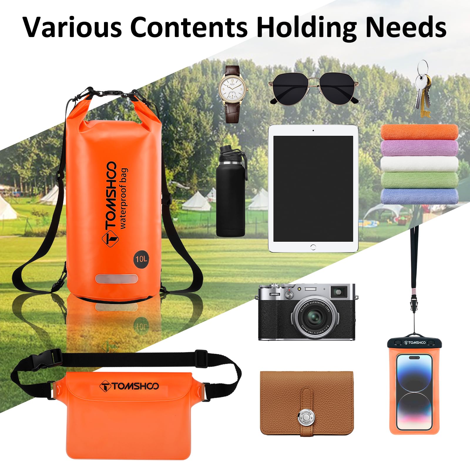 TOMSHOO Dry Bag Set, Wodoodporny Plecak 10L/20L z Wodoodpornym Pokrowcem i Kieszeń na Telefon Komórkowy, Regulowany Pasek na Ramię, Wodoodporny Plecak na Spływy Kajakowe, 10L, Pomarańczowy
