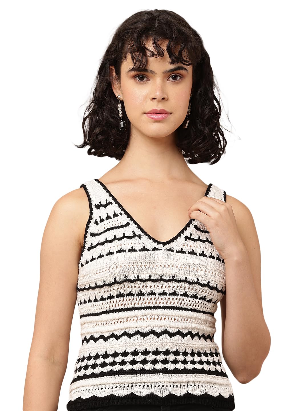 nobarr Women's Cotton Sleeveless with V-Neck Crochet Multicolour Top-picture-16