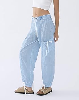 EZAPINE Women Striped Barrel Pants Drawstring Casual Baggy