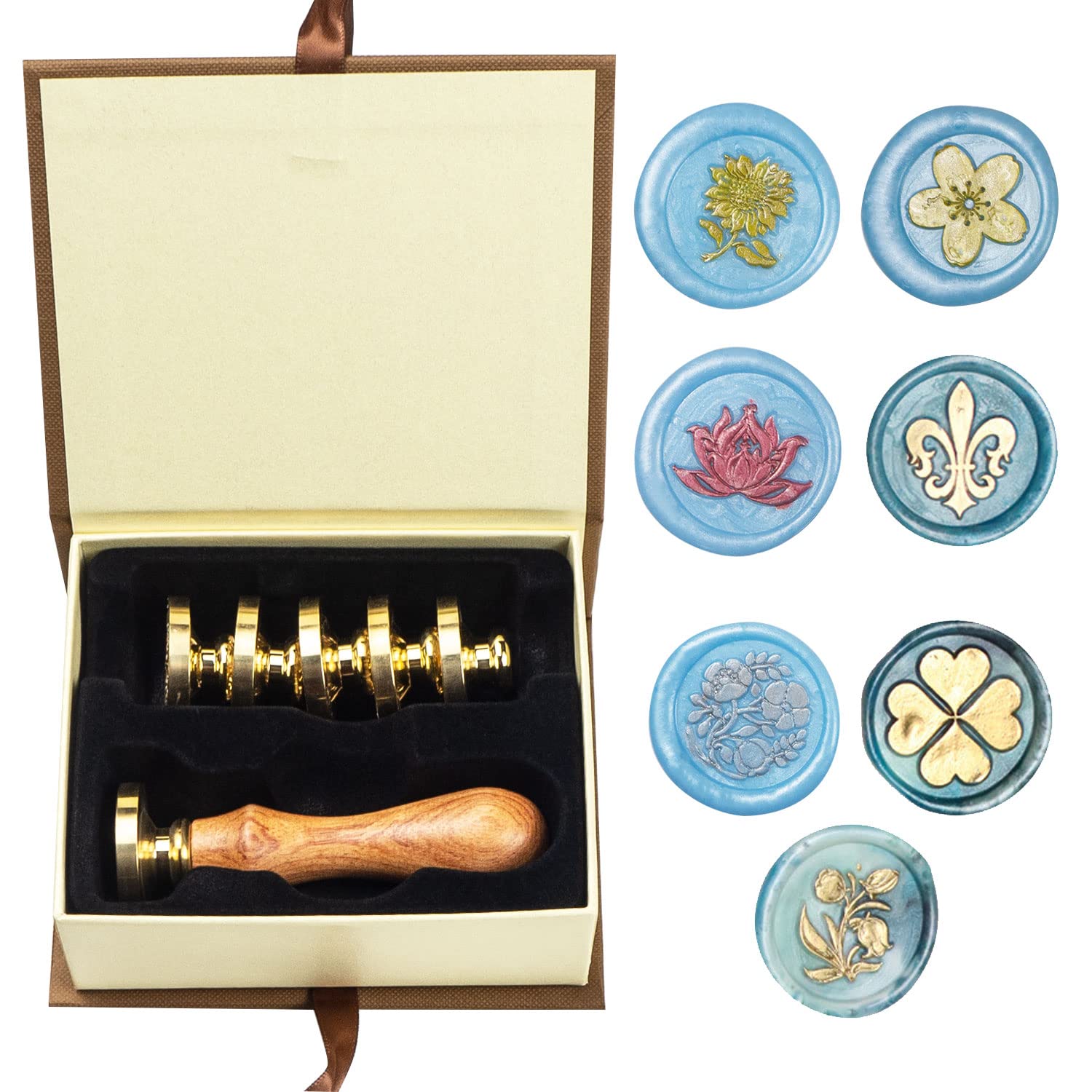 ANBOSE Wax Seal Stamp kit, Flower Wax Seal Stamp Set with 7 PCS Removable Brass Heads and 1 Wooden Handle, Sunflower Three Flowers Lotus Cherry Blossoms Sealing Wax Stamp for Cards Invitations โ image 1
