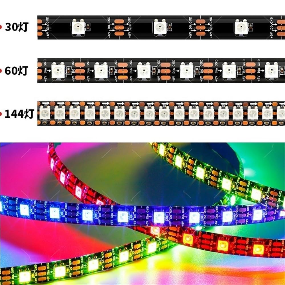Exterior/interior decorativos, Tira de luces LED de 5 metros, SK6812 DC5V 5050SMD, 30/60/144 LED/m, RGB, con soporte de cobre y cable dorado.(Black PCB-IP67,144leds/m)