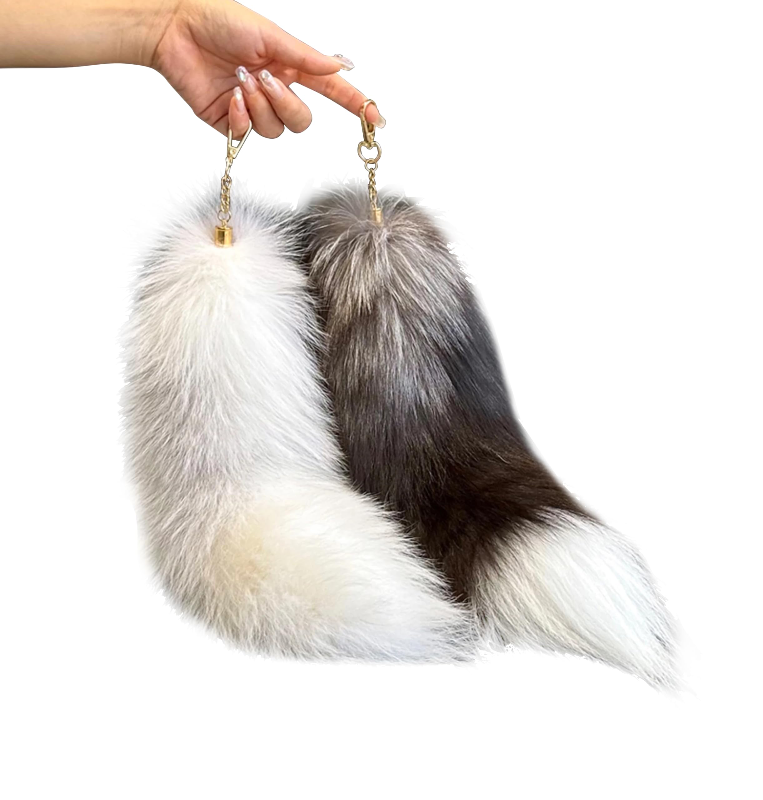 ASkinds Fluffy Fox Tail Fur Keychain Cosplay Toy Party Costume Furry Wolf Tails Handbag Accessory Key Chain Ring Hook for Women(White+Black)