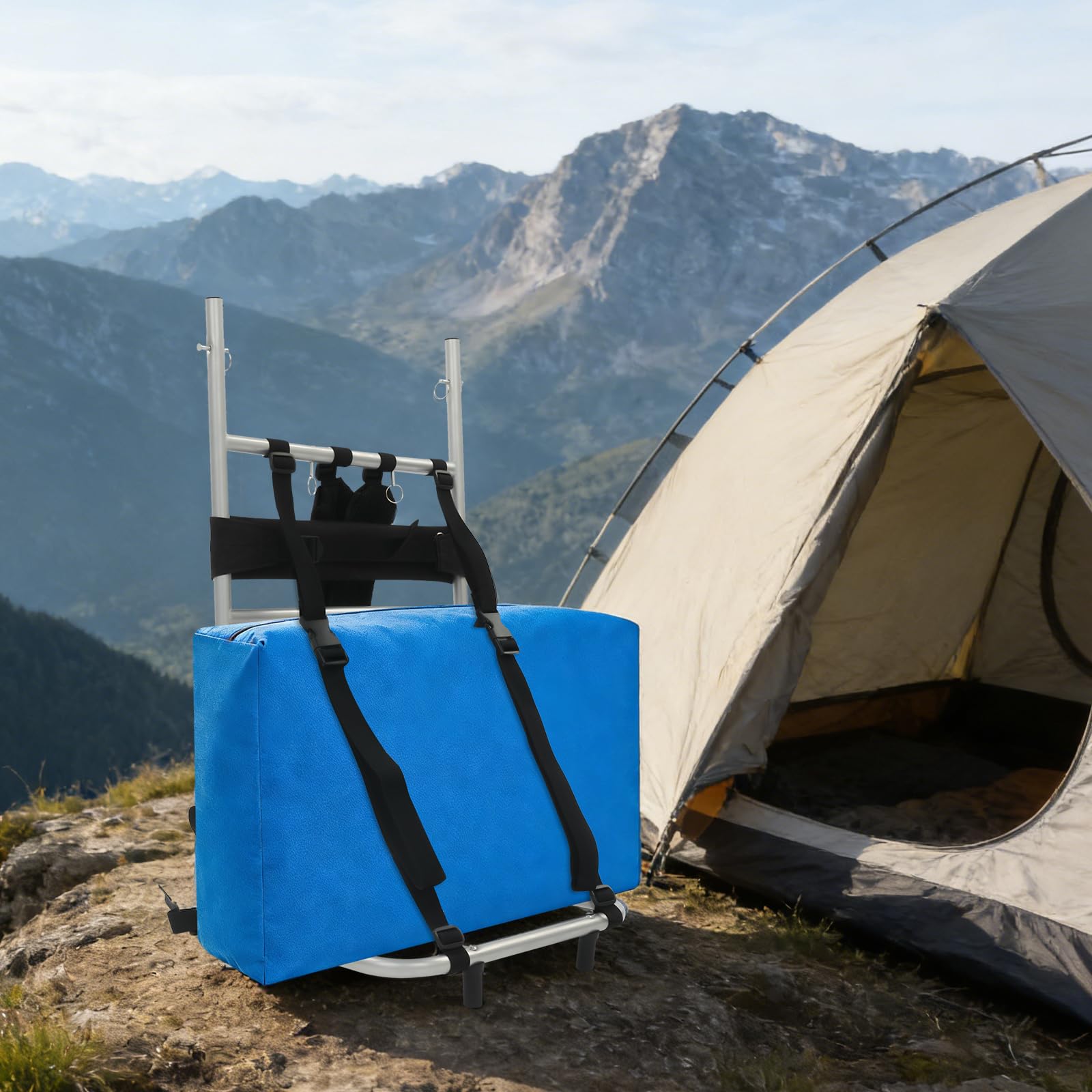 Telaio per zaino pesante (20 kg), robusto telaio pieghevole in alluminio e nylon, spallacci regolabili, ideale per trekking e attività all'aperto