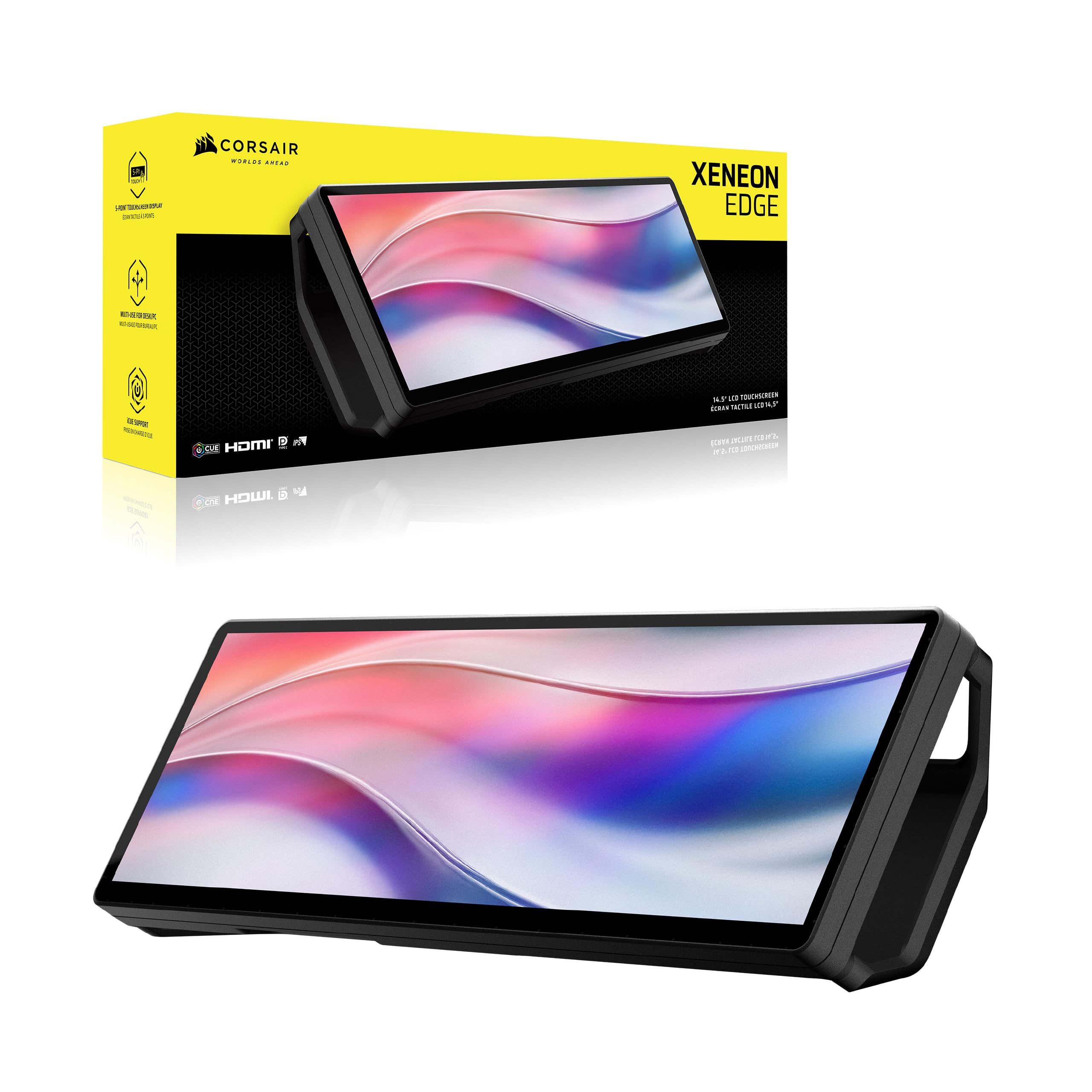 Corsair XENEON Edge 14,5-calowy przenośny ekran dotykowy LCD HDMI USB C AHVA – 2560 x 720, 60 Hz, tryb Alt USB C DP, montaż wewnętrzny i zewnętrzny, 5-punktowy Multi-Touch, iCUE, do komputera z