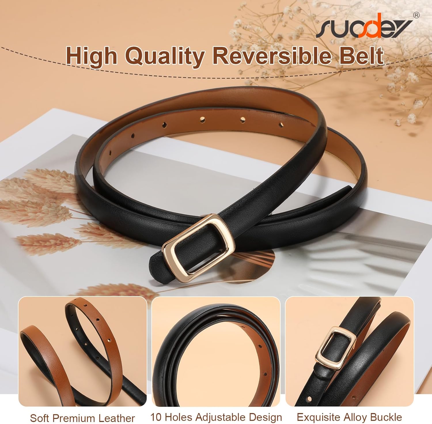 SUOSDEY 2 Pack Women Reversible Thin Leather Belts for Dresses Skinny Waist Belts for Jeans Pants, 0.6" Width - Image 3