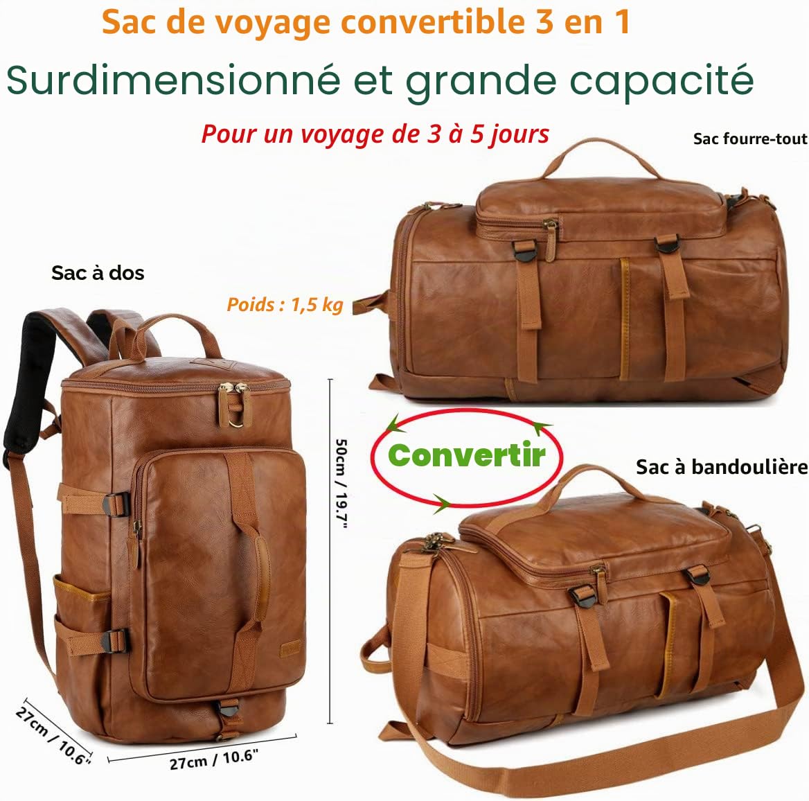 BAOSHA HB-26 Sac fourre-Tout en Cuir 3 Voies pour Homme Sac fourre-Tout de Week-End Sac à Dos à bandoulière Convertible Voyage Randonnée Sac à Dos de Nuit Sac à Main