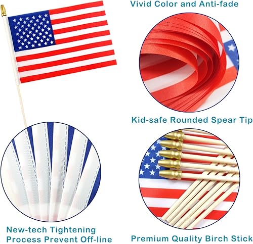 Miniatura 3 de Banderas de mano pequeñas de Estados Unidos para decoración del 4 de julio, Día de los Caídos, poste de madera maciza con parte superior de lanza