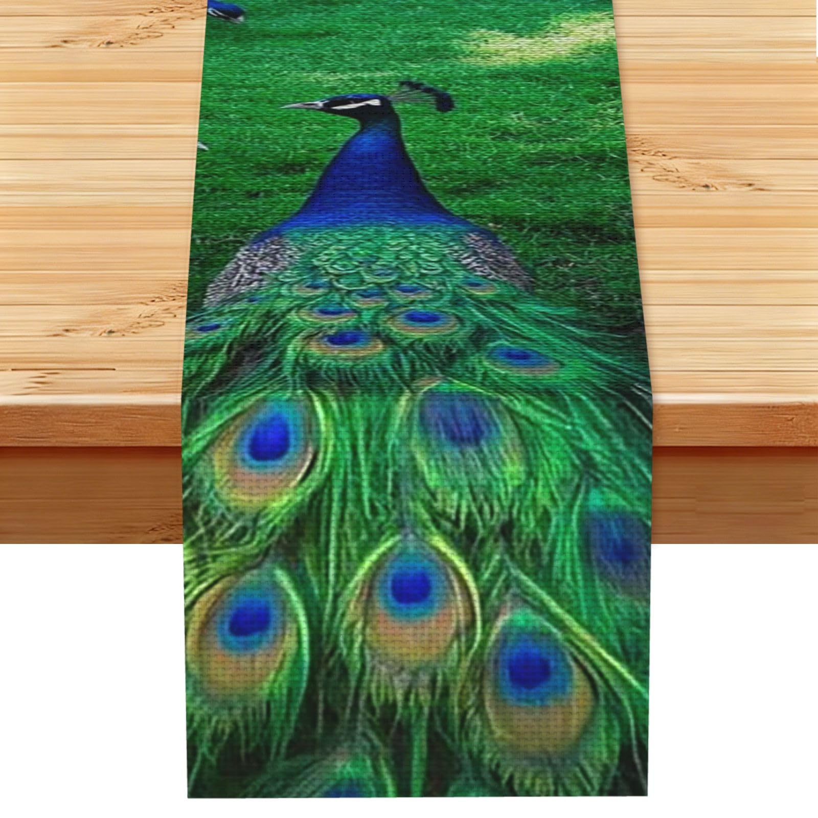 Peacock Surround Table Runner 13 x 72 Inches Long, Cotton Linen Table Runners for Kitchen Dining Table Decoration - Washable Tablecloth Modern Tablerunner for Home Party Decor