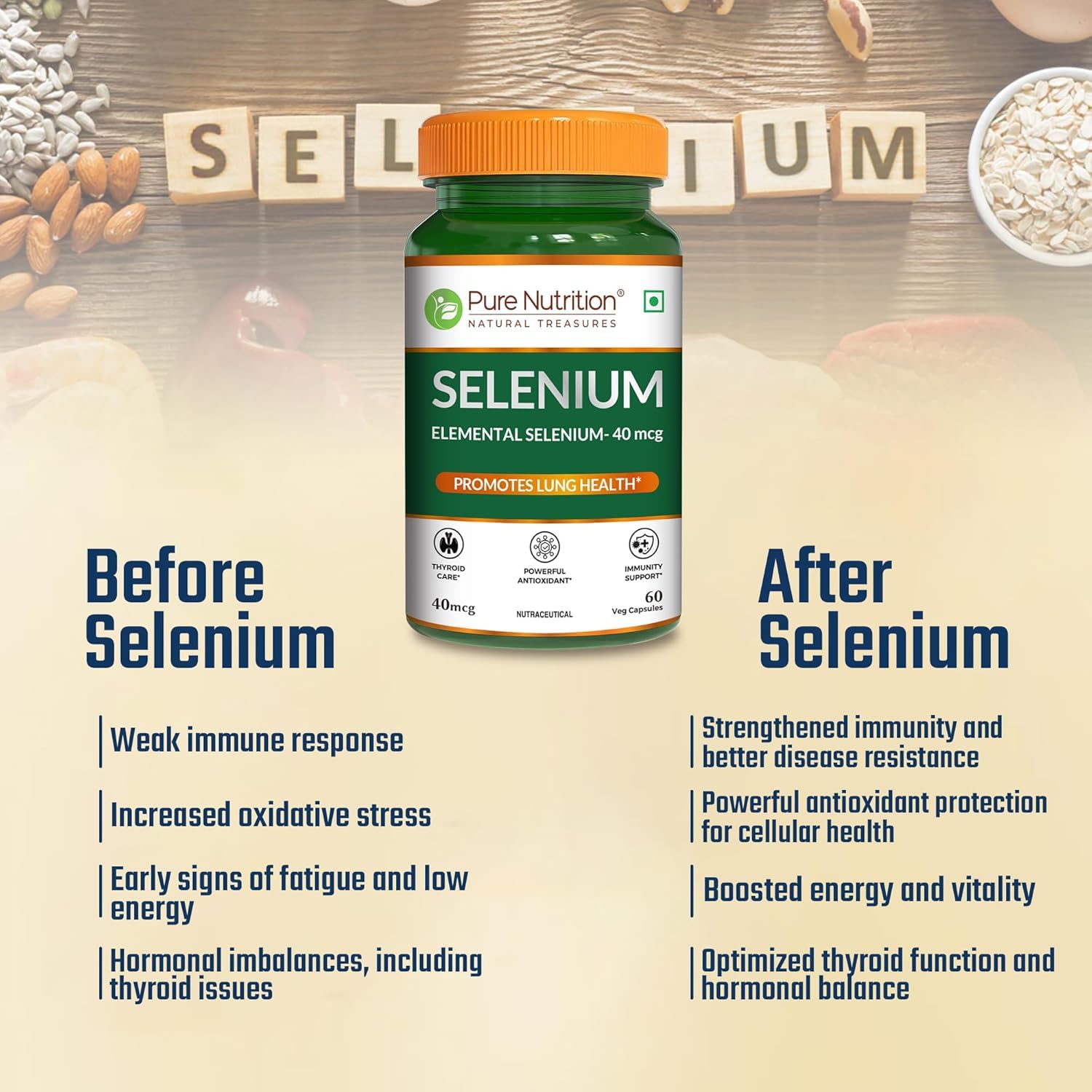 Pure Nutrition Selenium 40mcg, 60 Veg Capsules | Selenium Supplements for Immune System, Supports Healthy Blood Pressure, Thyroid Health & Improves Cholesterol Levels 2