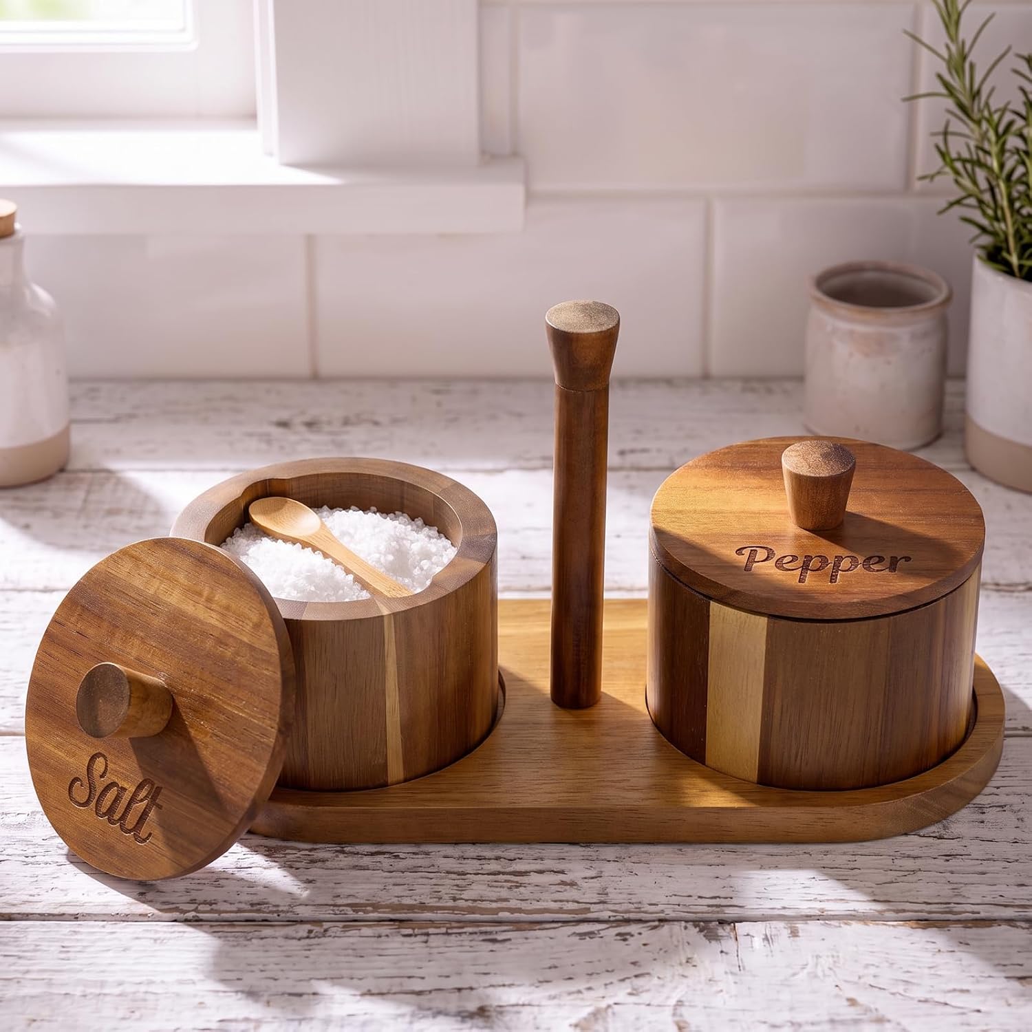FoldTier Salt Pepper Cellars with Lids, Engraved,Dark Acacia Wood
