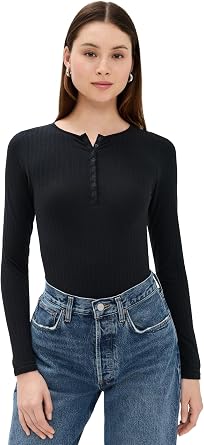 Yummie Womens Katrina Long Sleeve Cotton Ribbed Seamless Henley Bodysuit