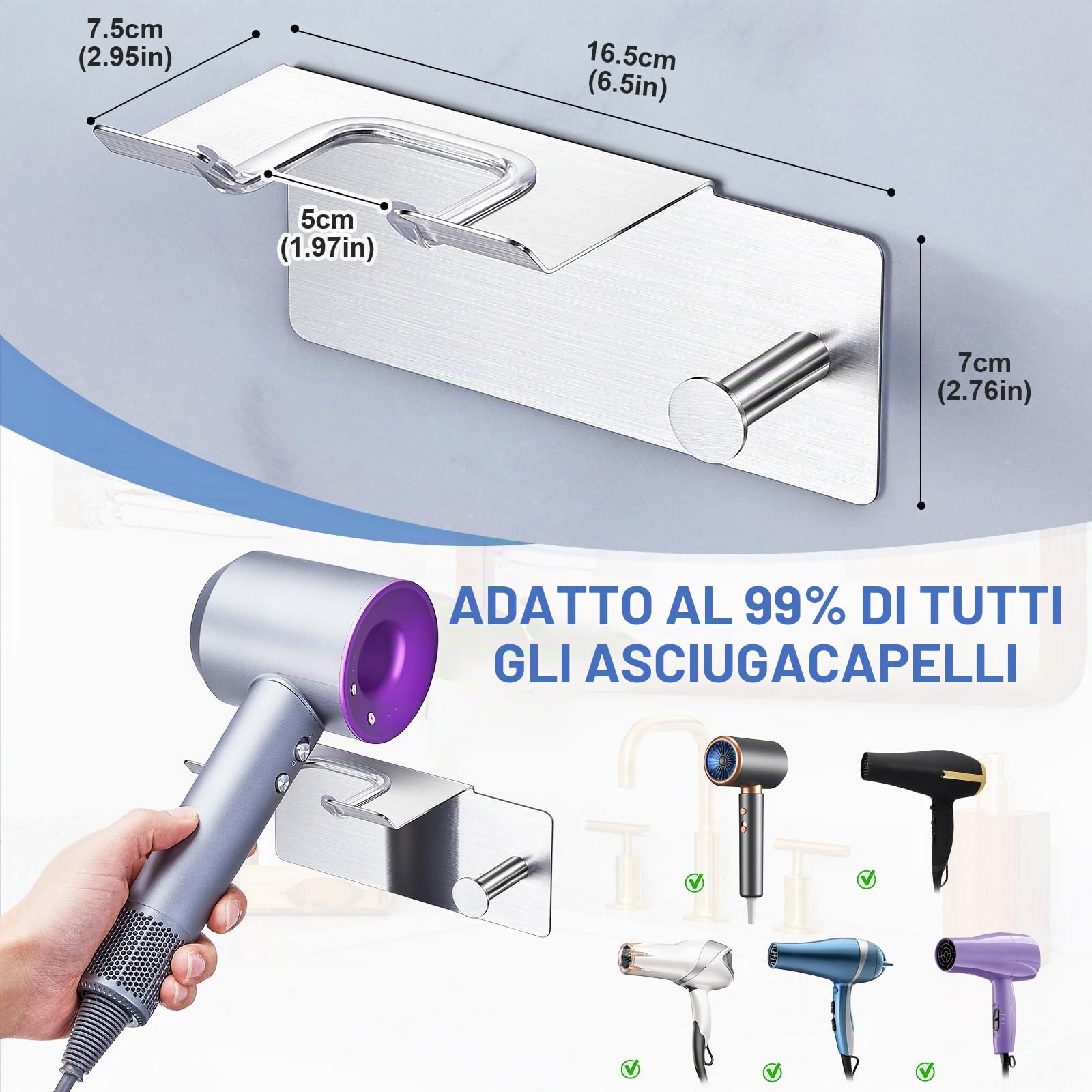 Porta Asciugacapelli da Parete, Porta Phon da Muro Supporto Phon da Parete Metallo,Supporto Adesivo per Asciugacapelli da Appendere per Armadietto Bagno Camera da Letto Barbieri (Argento)