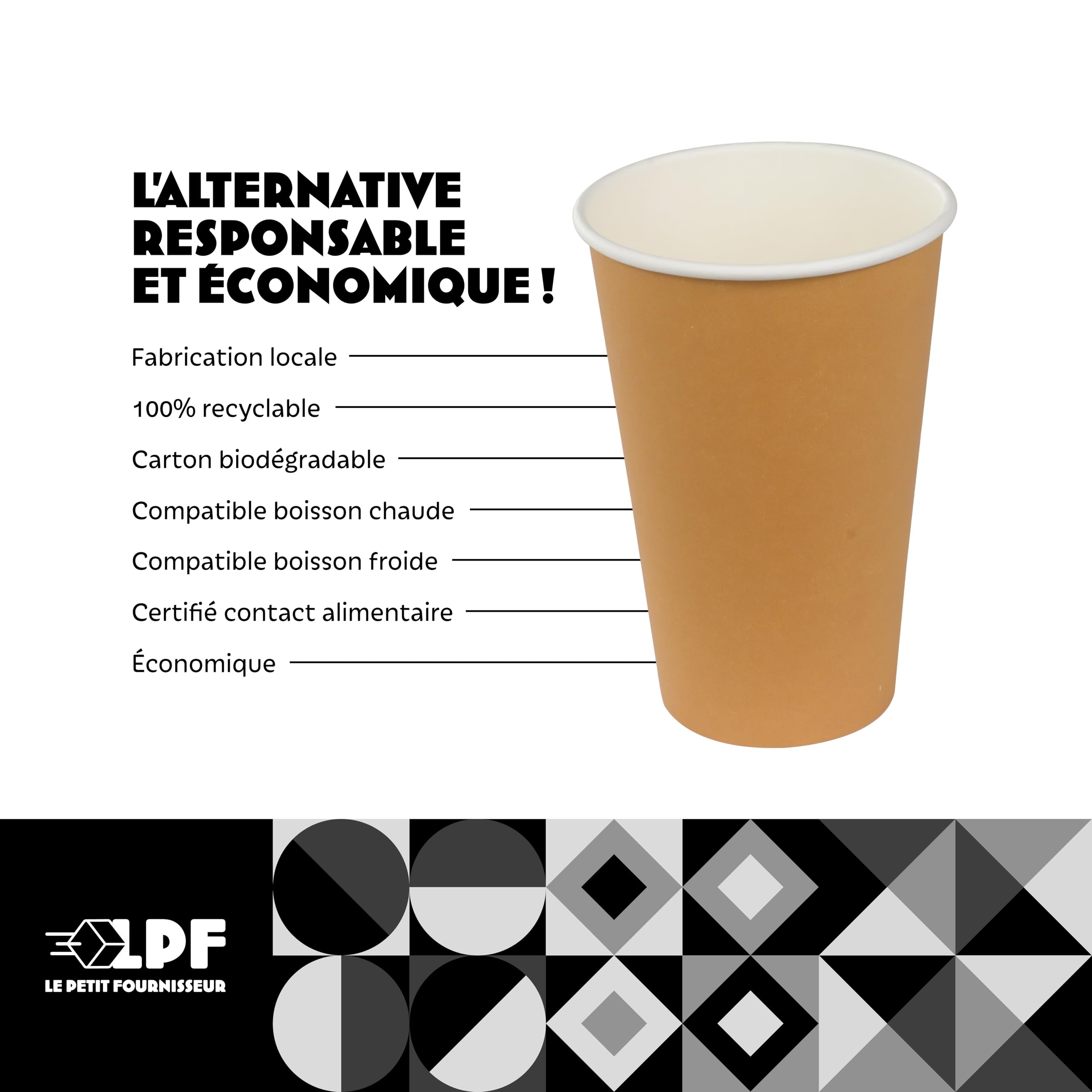 LPF LE PETIT FOURNISSEUR - Lot de 1000 Gobelets jetables en Carton Kraft 30-35cl - Recyclable - Gobelets café, thé, boissons chaudes et froides - Résistant à la chaleur - Couleur Brun
