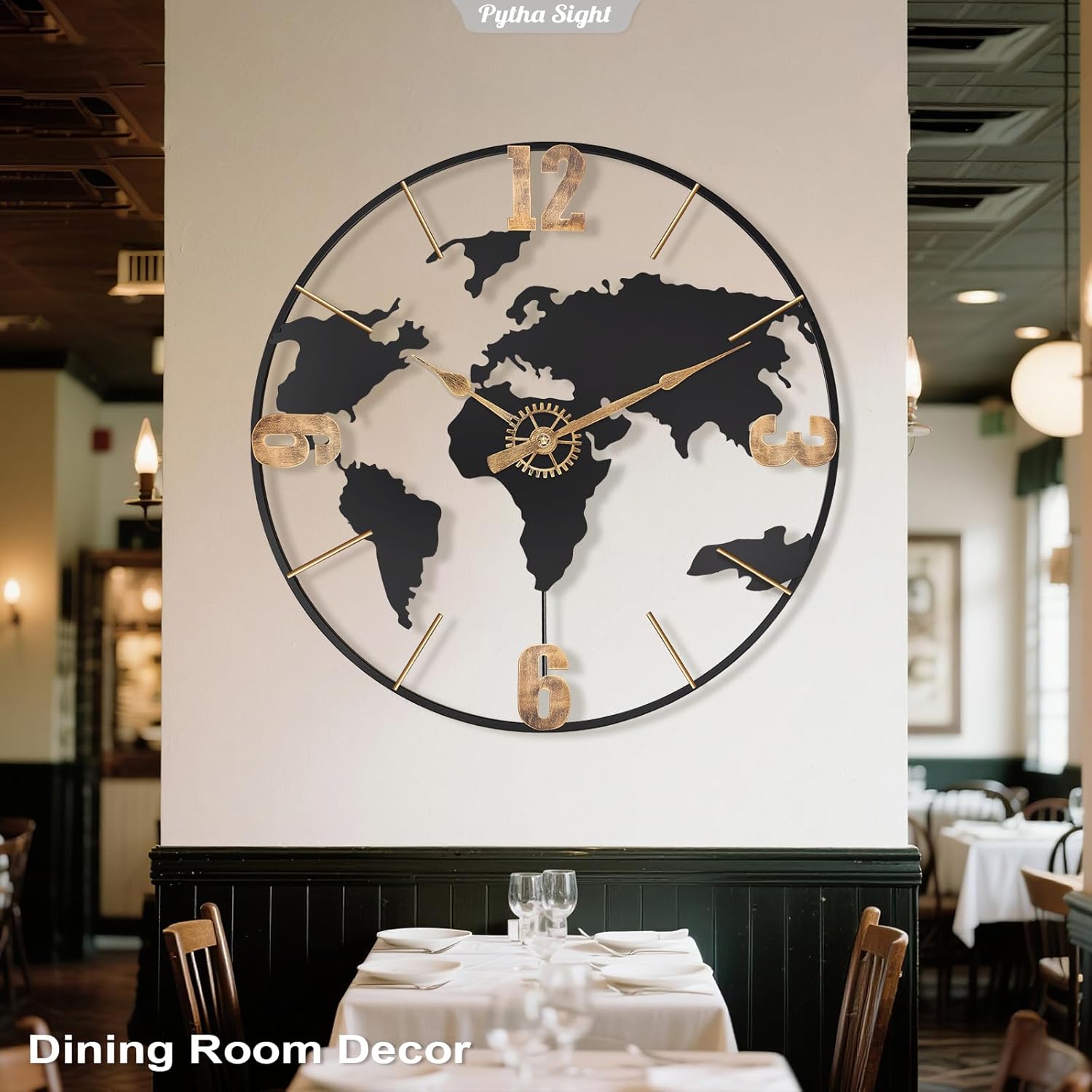 30 Inch Large Modern Decorative Metal World Map Wall Clocks Giant Extra Vintage Gold Arabic Numeral Oversized Wall Clock for Living Room,Office,Dining Room,Entryway,Fireplace