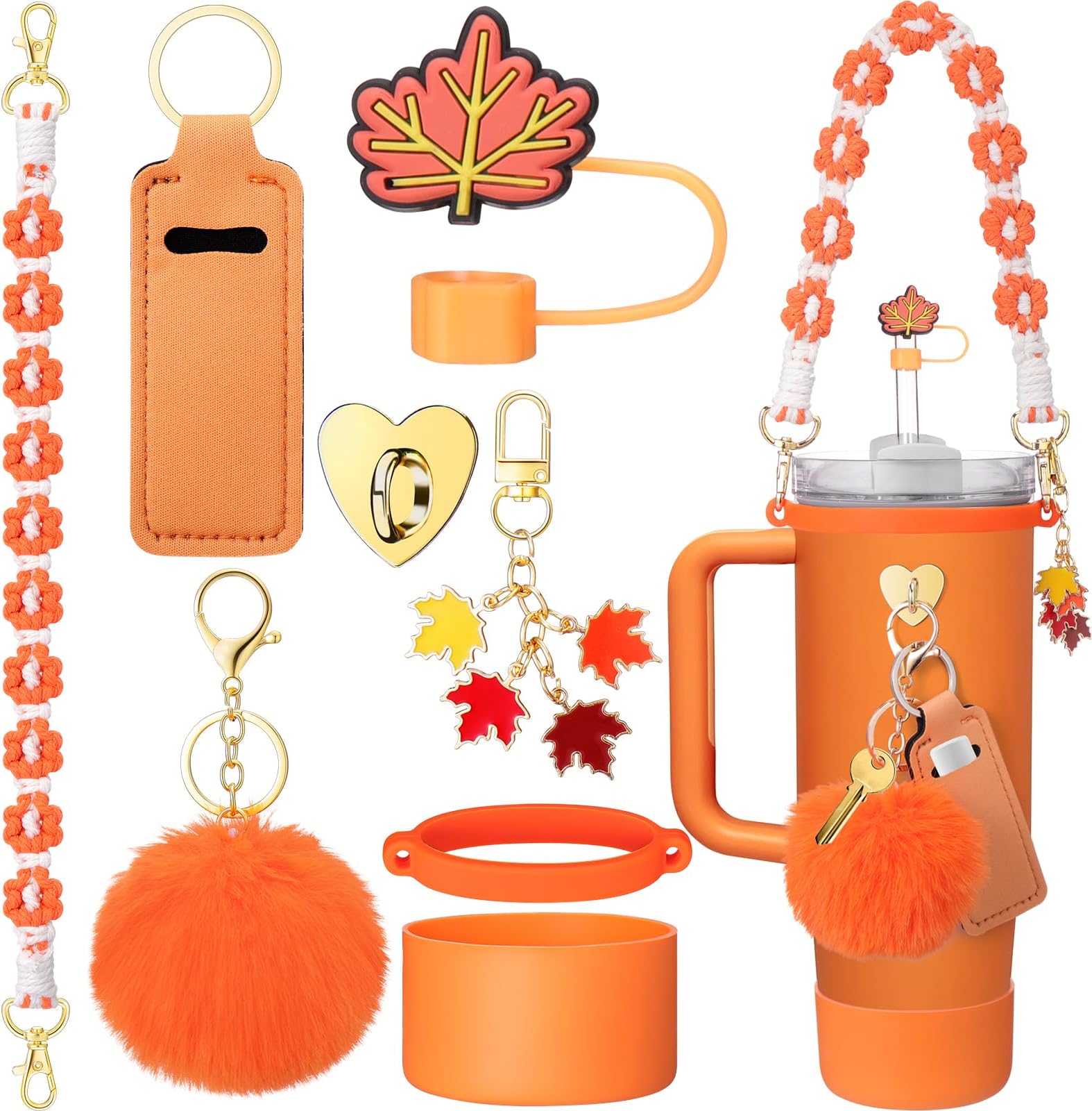 Mity rain 8PCS Cup Accessories for Stanley Cup 30oz 40oz Tumbler with Handle, Including Water Bottle Handle Strap, Chapstick Holder, Boot, Keychain Charms, Straw Topper Cover Cap for Stanley (Orange)