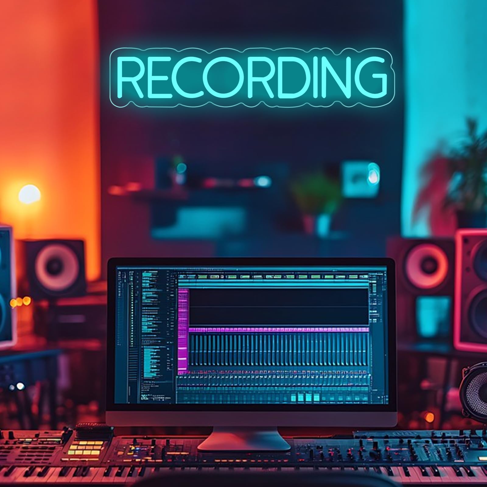 Recording Neonschild, LED-Studio, Live-Dekorationslichter, dimmbares Lichtschild für Streamer, Influencer, Gamer, Zimmer, Bar, Club, Home, Party-Dekoration (Eisblau)