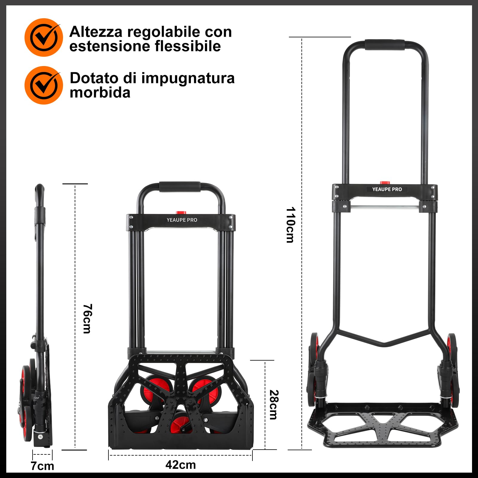 YEAUPE PRO Carrello Saliscale Pieghevole con Manico Telescopico, Ruote in Gomma, 2 Cinghie | Portata 50 kg per Traslochi, Giardino, Trasporto, Nero - Sulle Scale