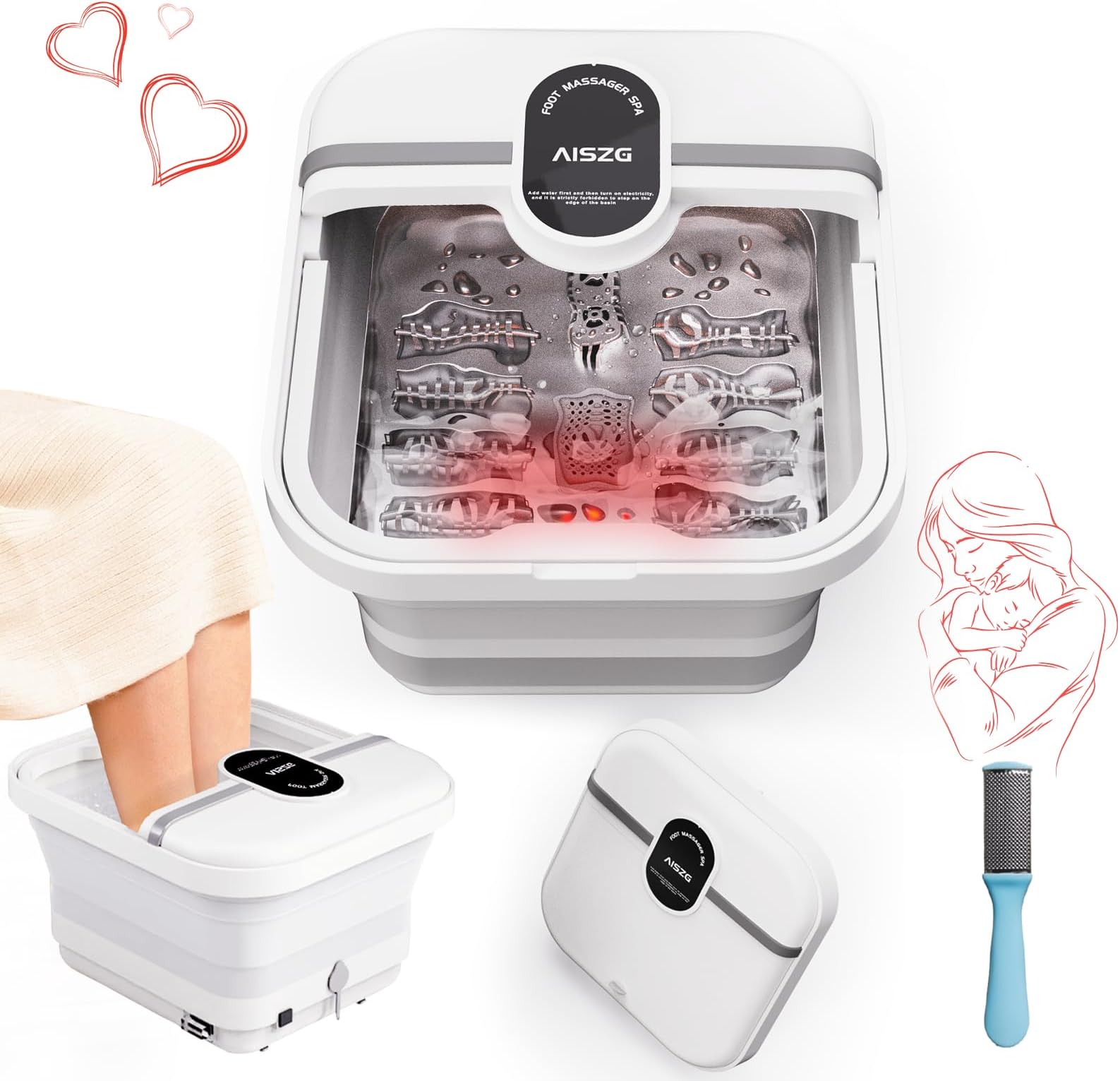 Collapsible Foot Spa Bath Massager with 8 Massage Rollers,Foot Spa and Massager with Heater,Foot Soaking Tub,Red LED Light with Foot Scrubber