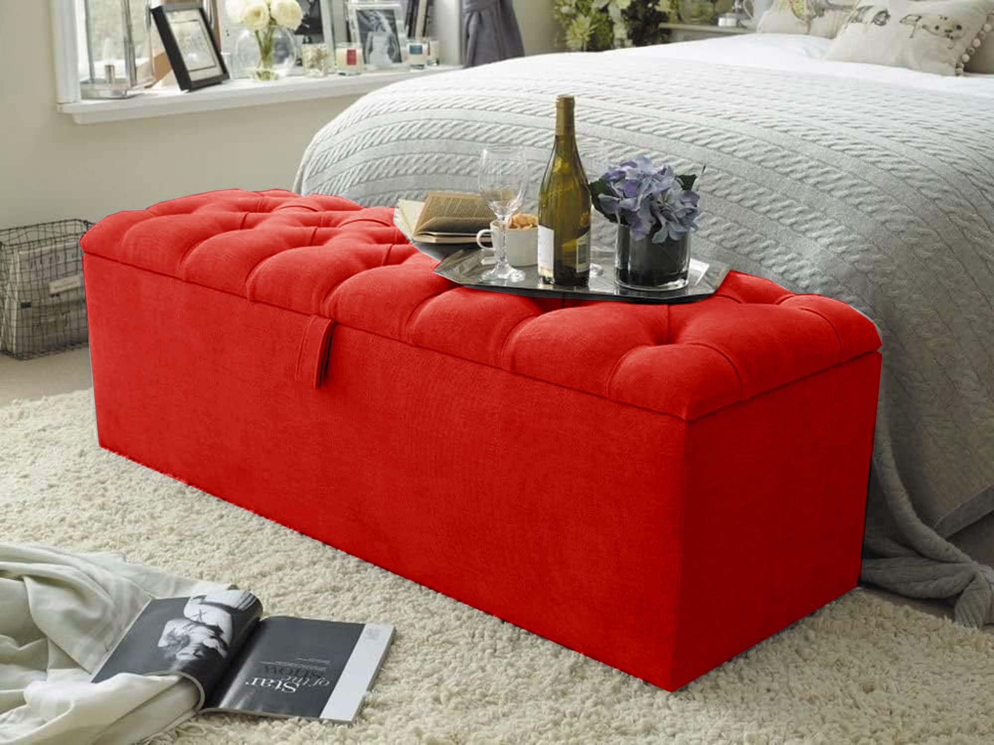 Ottoman Storage Box - Rectangular Storage Pouffe Stool Footstool with Storage - Turin Fabric Upholstered Blanket Box - End of Bed Bench Toy Storage (Red, 4ft6 Double Size)