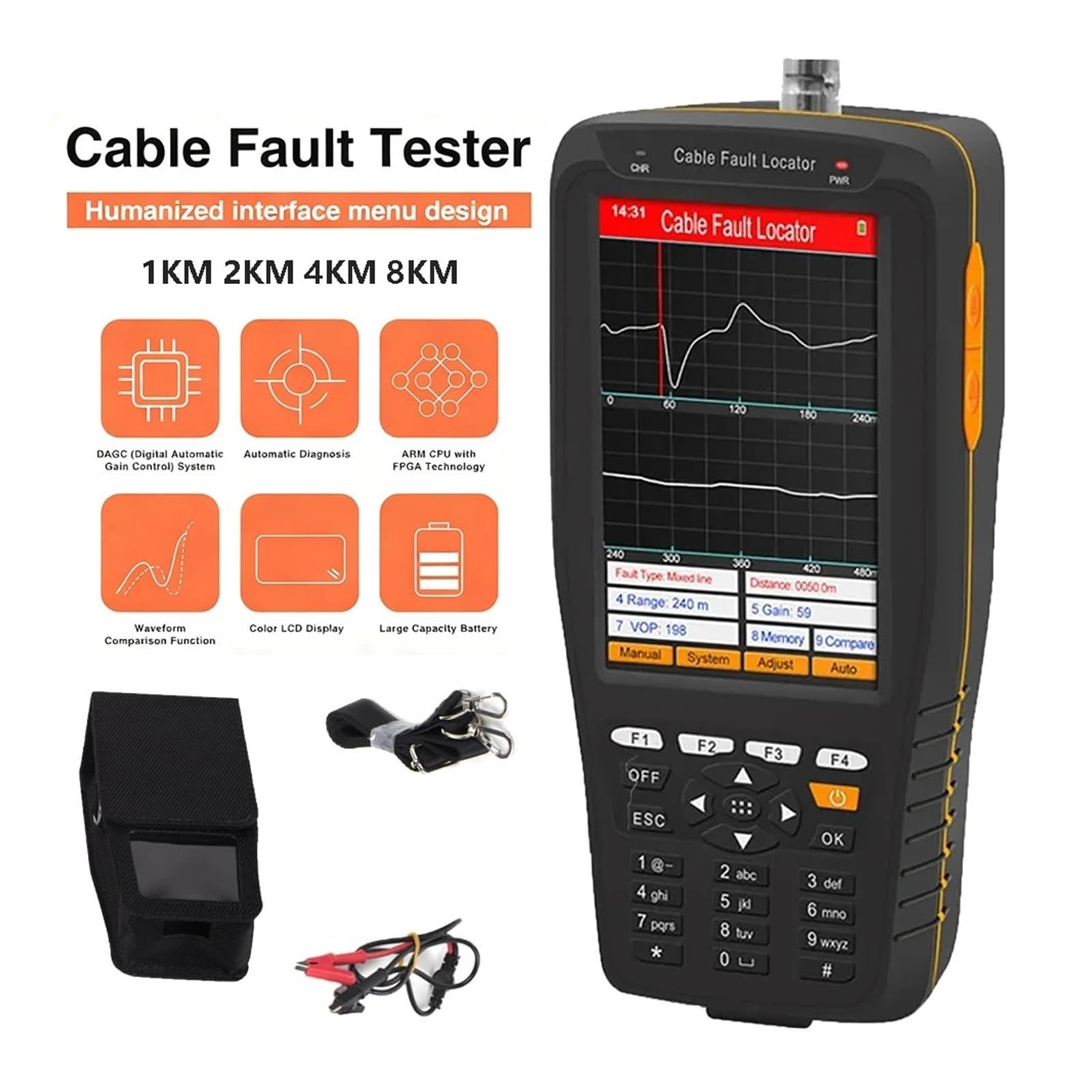Localisateur de défauts de ligne visuelle TL280 avec écran LCD, testeur de défauts de câble TDR 1KM, 2KM, 4KM, 8KM, 0.5m, Mode de Test automatique/manuel Facile à lire(2KM)