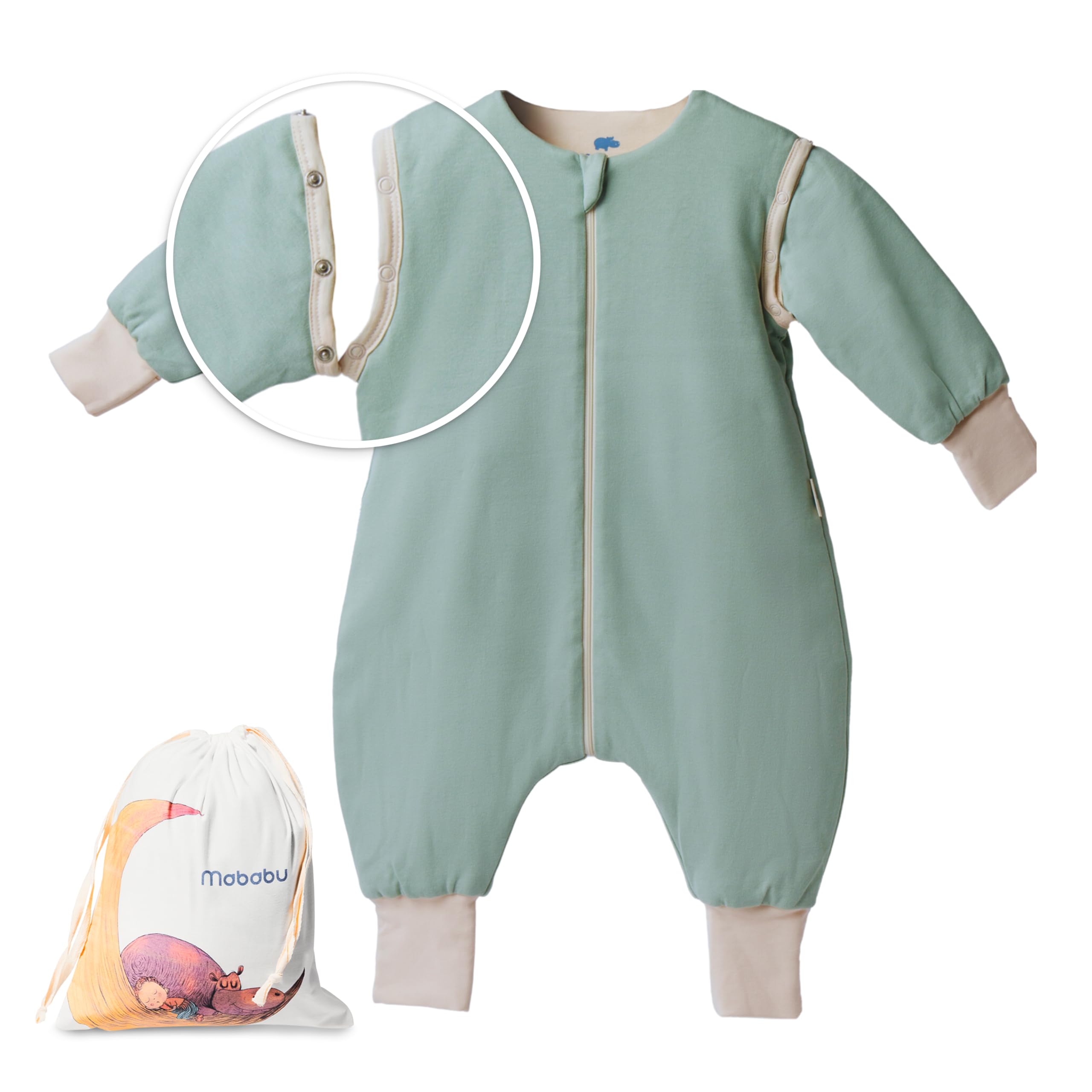 Saco de dormir para bebé con pies 0,5 TOG – Verano y entretiempo – 100% algodón orgánico GOTS – Saco de dormir para bebé con mangas desmontables y puños plegables (Verde mar, 104/110)