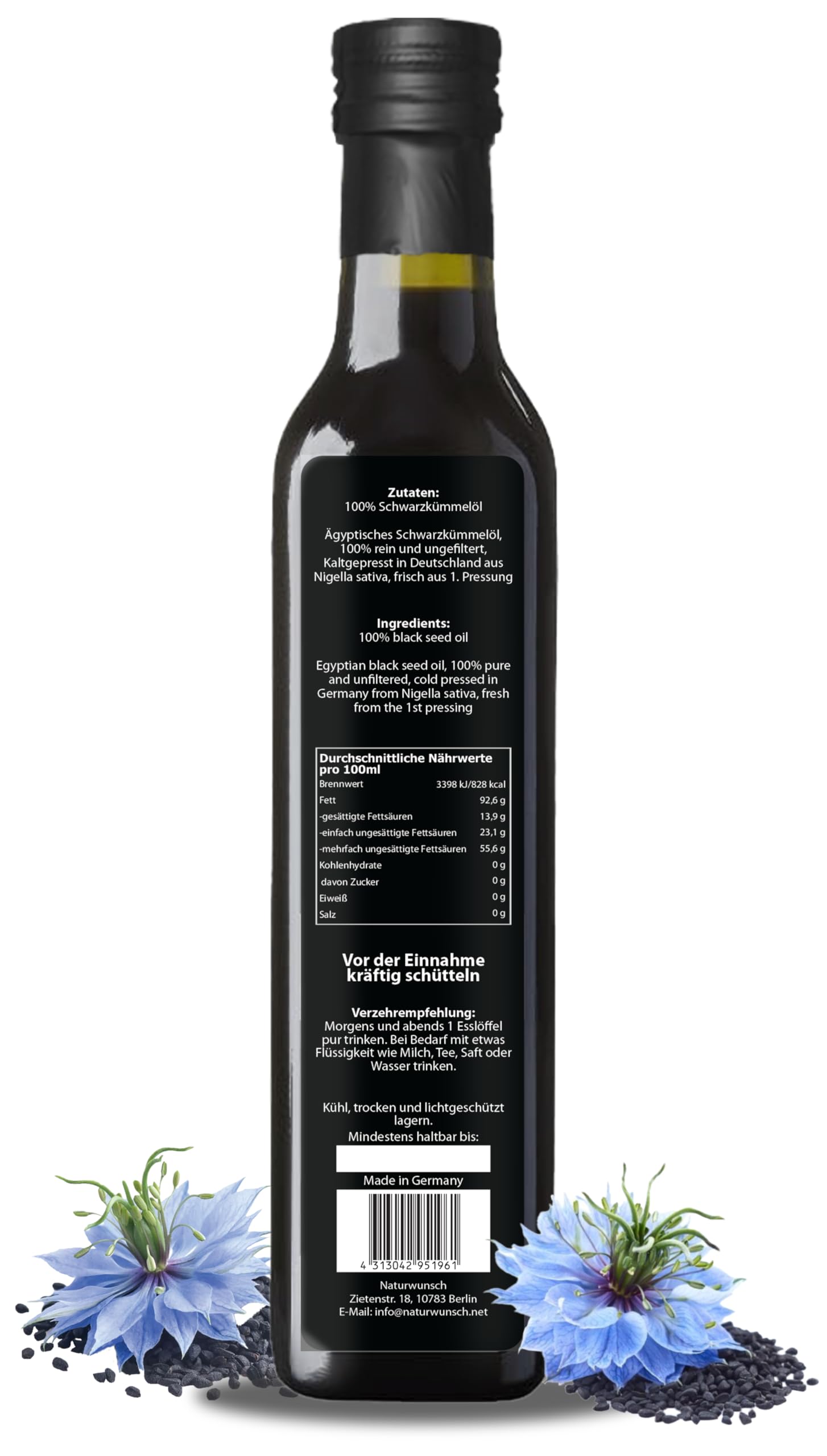 naturwunsch Olej z czarnuszki, 2 x 250 ml (500 ml), niefiltrowany, tłoczony na zimno, świeży z Niemiec, satywa z czarnuszki, 100% czysty