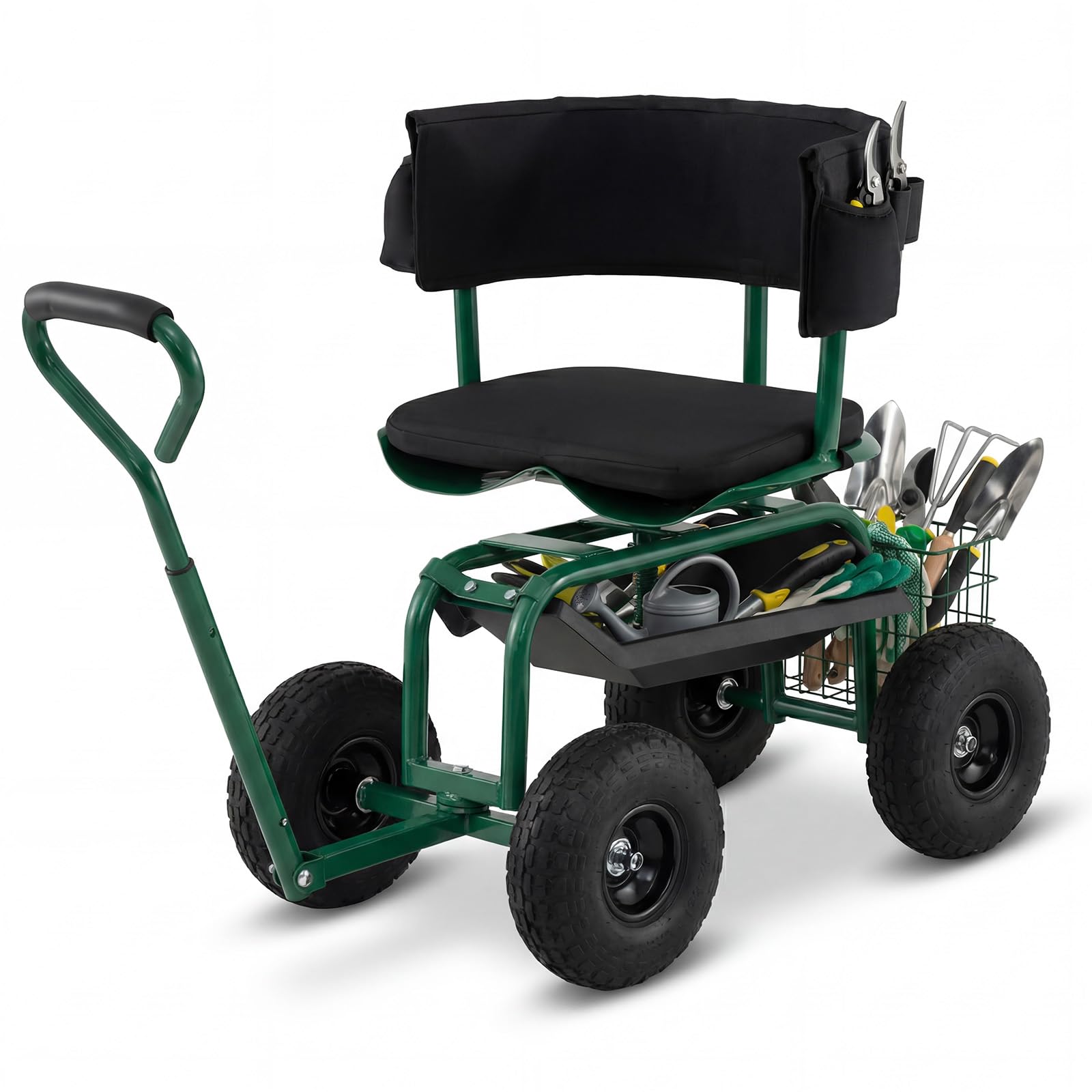 COSTWAY Rolling Garden Cart, Height Adjustable Swivel Gardening Stool Trolley with Tool Tray & Basket, Gardener Planting Workseat Scooter for Patio Lawn Yard (96x48x78-88cm,with Handle&Cushion,Green) — image 1