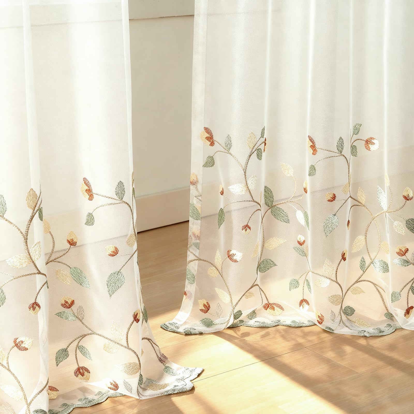 VOGOL Floral Embroidered Sheer Net Curtains 96 Inch, Farmhouse White Voile Curtains, Rod Pocket Easy Care Panels for Living Room Bedroom Patio, 2 Pack, 135×245 cm