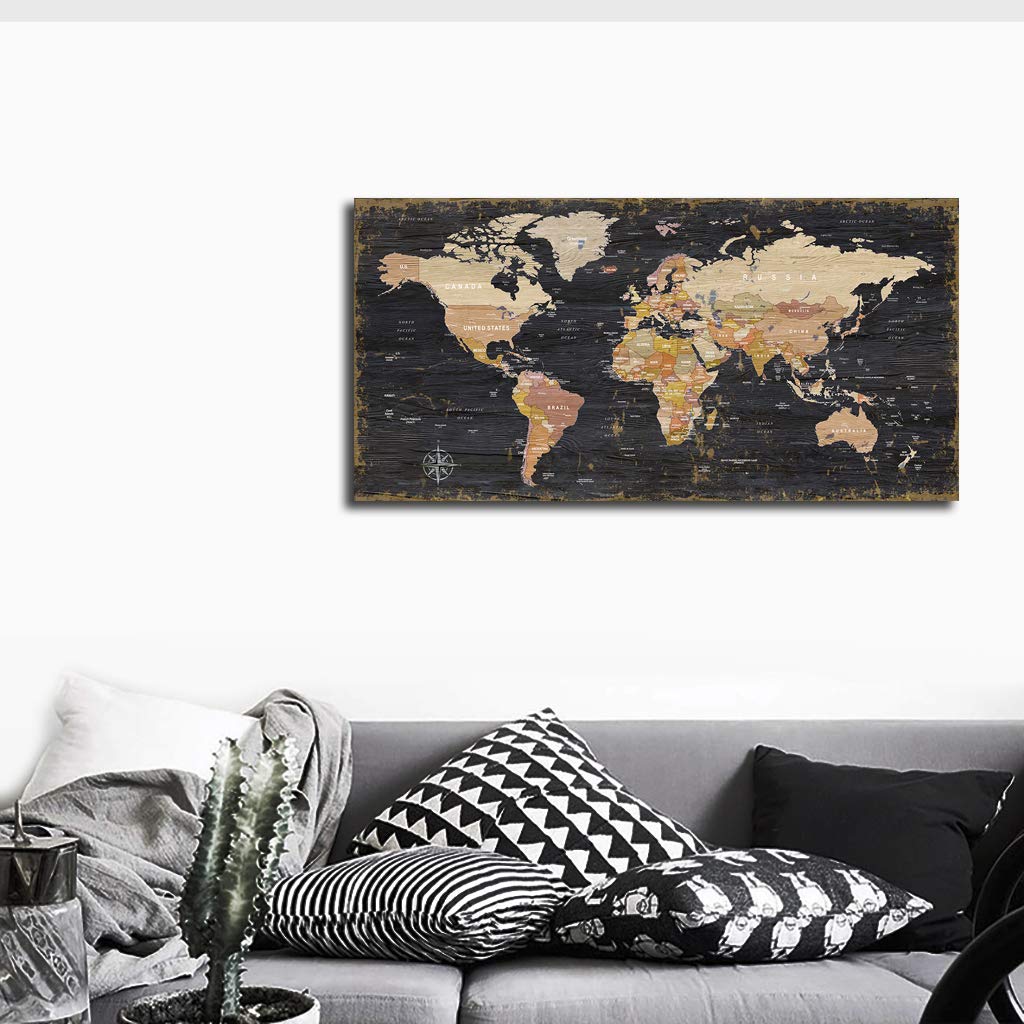 World Map Wall Art Black Wood Grain Retro Map of The World Nautical Map