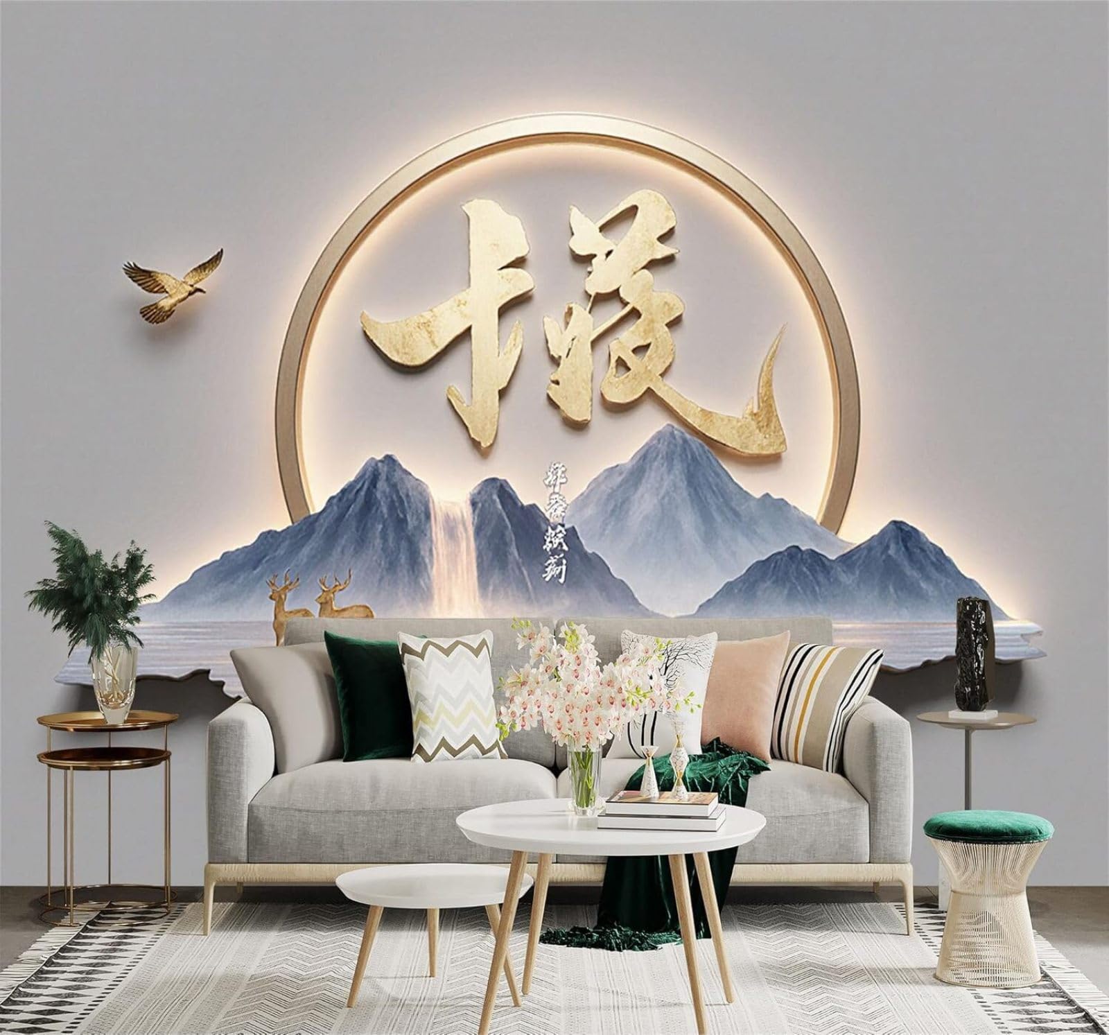 Xlming 400Cm×280Cm(B×H) Golden Calligraphy Mountains Waterfalls Golden Deer Birds In Flight 3D Wallpaper Premium Textured Silk Study Dining Living Room Bedroom Sofa Tv Wall Easy Install-400Cm×280Cm