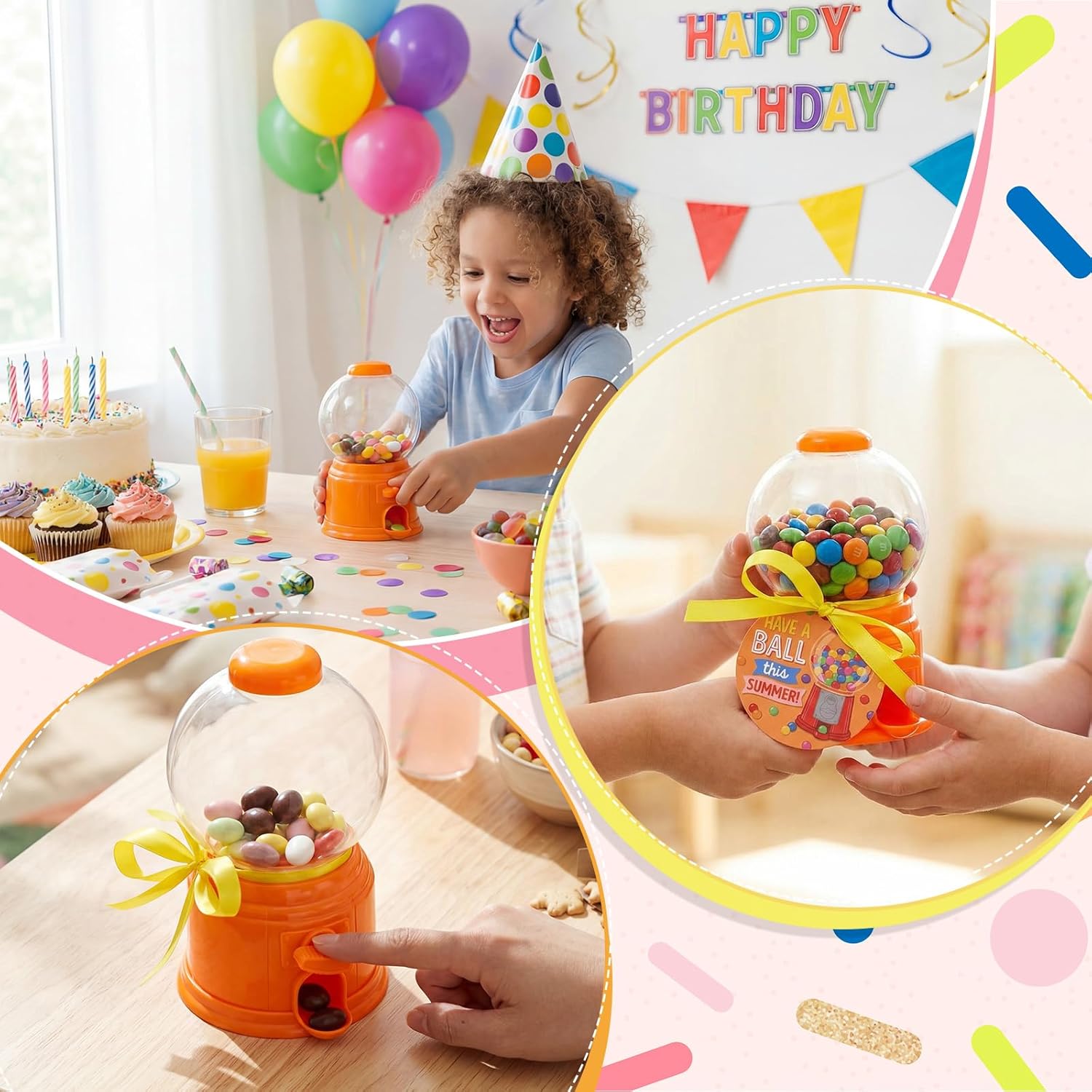 24 Sets Candy Theme Party Favors with 5 Inch Mini Candy Dispenser Gift Cards and Ribbon for Home Office Use Desktop Plastic Gumball Machines Birthday Holiday Party Supplies