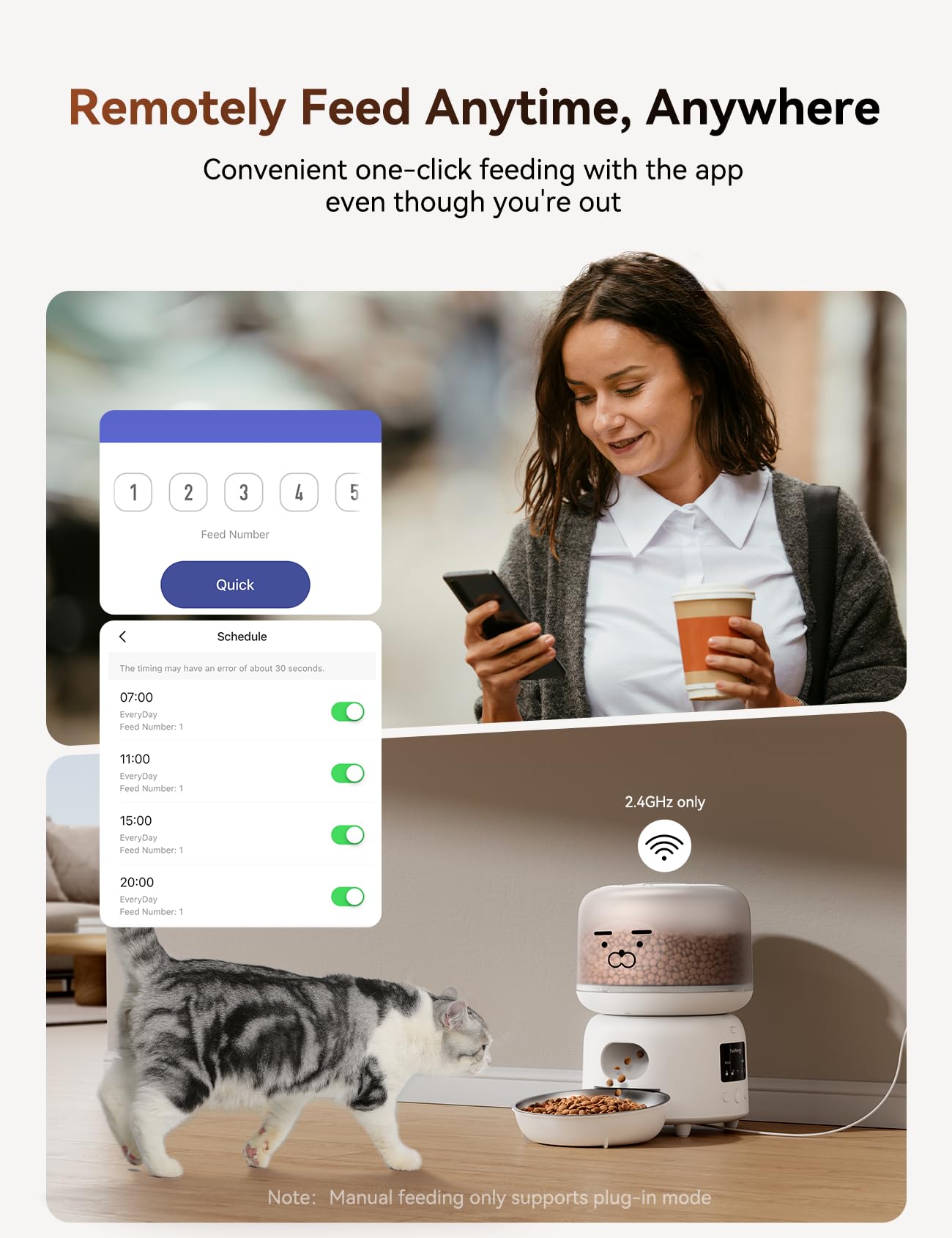 FEELNEEDY Distributore Automatico Cibo Gatti con APP, 2.4G WiFi Dispenser Crocchette Gatto fino a 10 Pasti/36 Porzioni al Giorno, Ciotole per Gatti in Acciaio Inox, 3L