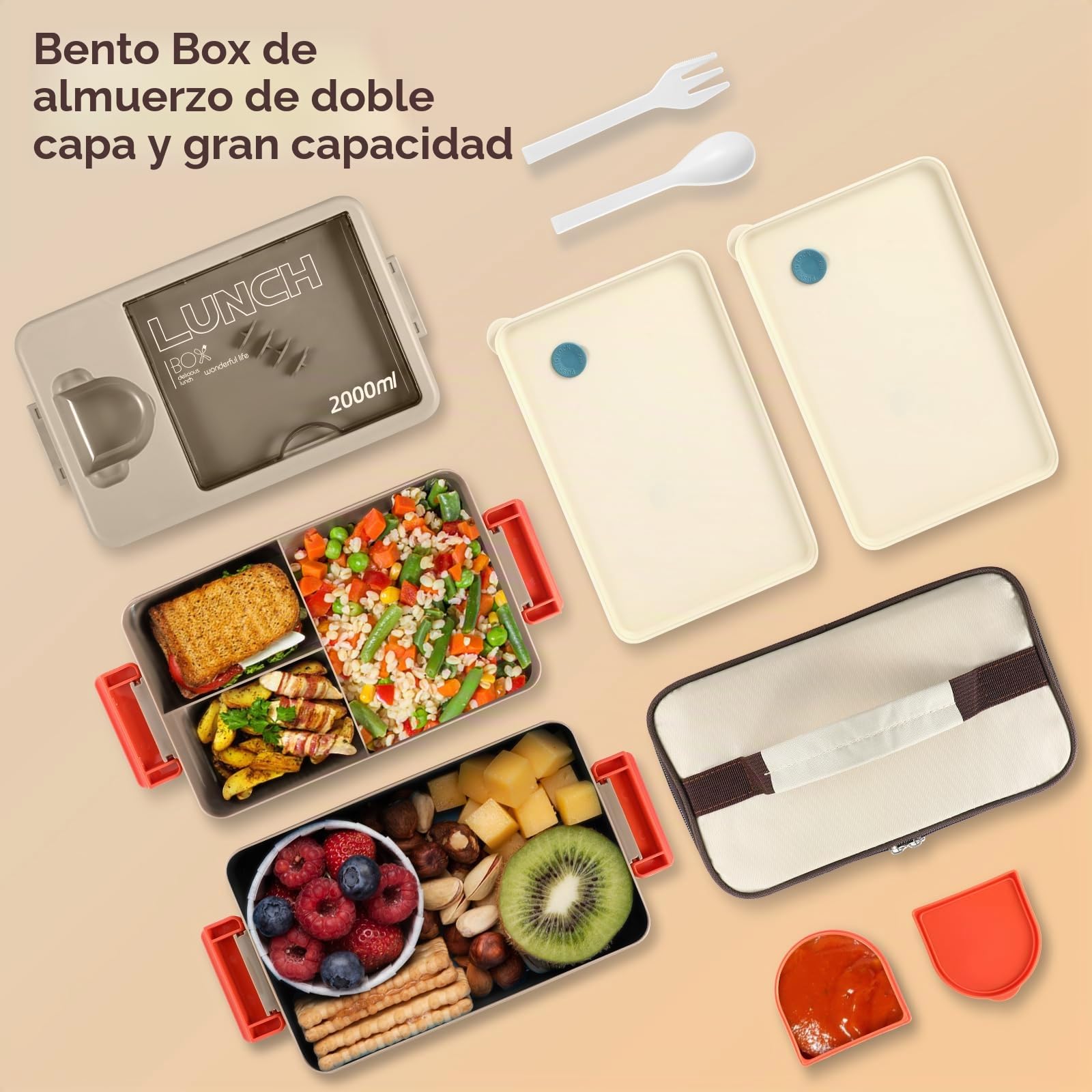 Lunch Box, Fiambrera Bento Box de 2 Capas con 4 Compartimentos | Lonchera con Cubiertos, Recipientes de Salsas y Bolsas de Aislamiento, para Escuela Trabajo Picnic, 2000ml de Gran Capacidad