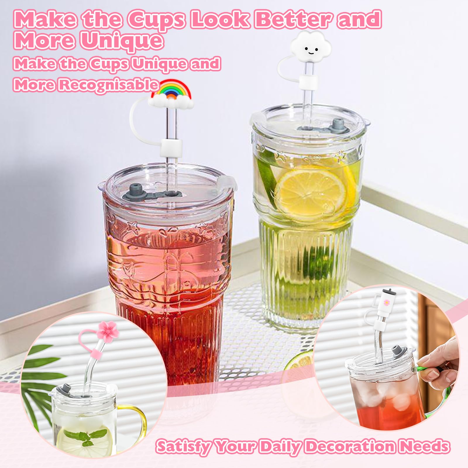 TOEECY Stanley Cup Accessori 7 Pezzi Set Incluse Manico Bottiglia d'Acqua Coperture Cannuccia Custodia in Silicone Portachiavi a Margherita per 30 oz 40 oz Tumbler Coppe Non Incluse (Bianco