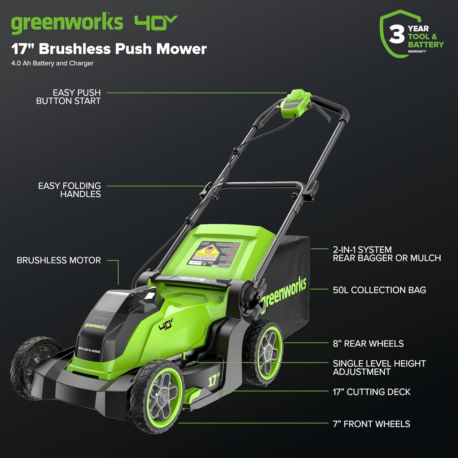 Front view of the Greenworks 40V 17-inch Brushless Cordless Lawn Mower