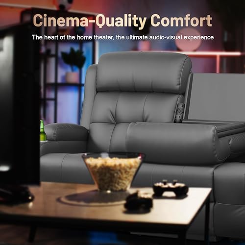 Miniatura 9 de Sofá reclinable de 3 plazas, asiento de cine en casa con respaldo central abatible, sofá cama de pared RV con masaje, amanera y portavasos,
