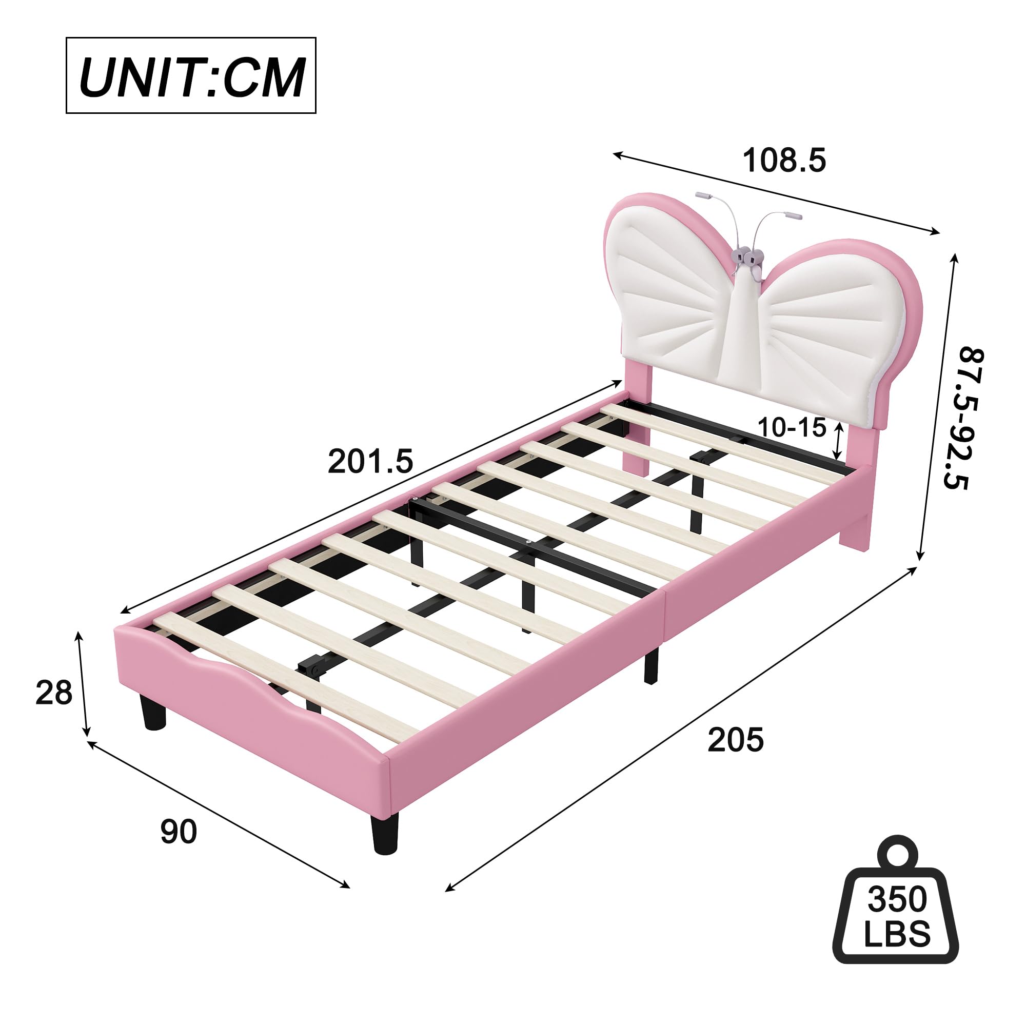 Lit Enfant Rembourré 90x200cm,Tête de Lit avec Lampe de Lecture LED,Cadre de lit pour Enfants avec Sommier à Lattes,Design Extérieur Papillon,Velours, Blanc Rose