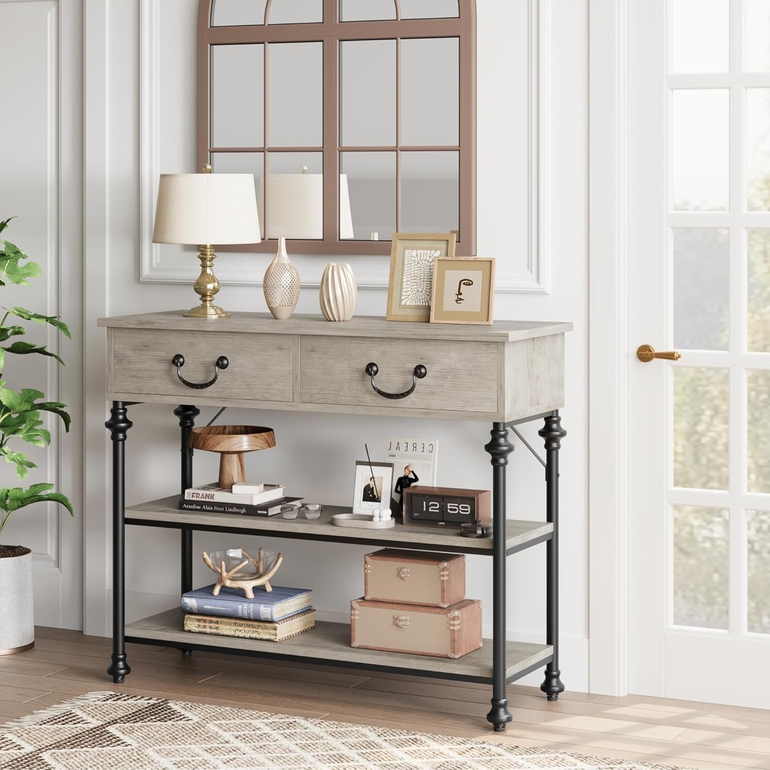 GarveeHome Mesa Consola Estrecha Moderna con 2 cajones y estantes – Estilo Columna Romana, Patas Calabaza – para recibidor, salón, Pasillo o detrás del sofá – Estructura Robusta – Color Gris