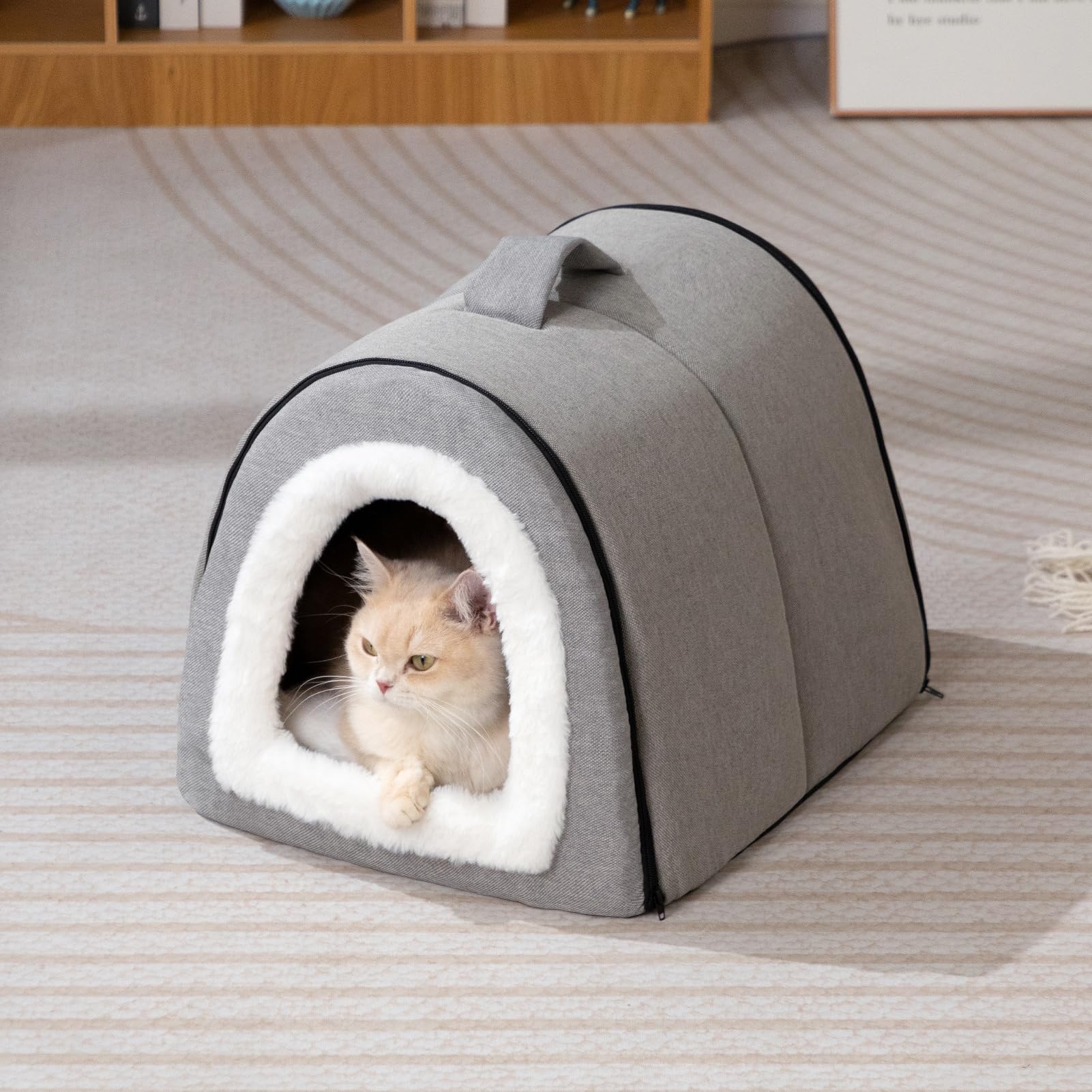 Hollypet Cuccia per Gatti e Cuccioli, Letto in Lino Pieghevole 2-in-1 per Animali Domestici, Calda Cuccia per Gatti e Cani di Piccola Taglia, Grigio