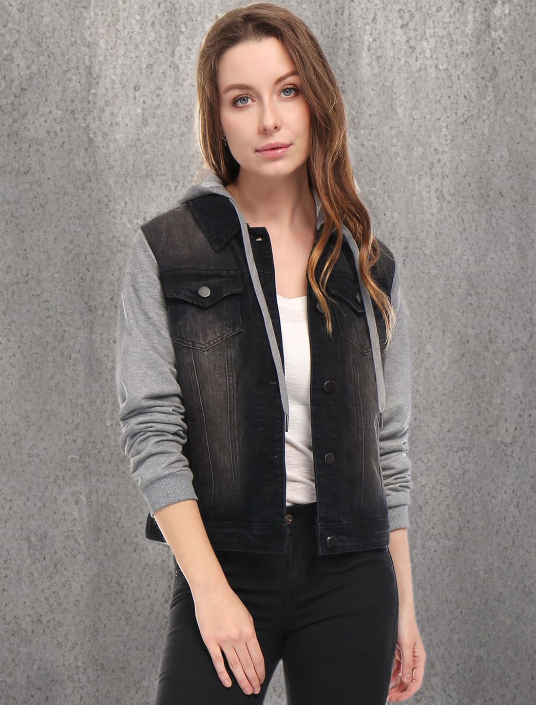 Allegra K Women's Jean Jackets Layered Drawstring Hood Denim Jacket with Pockets - Image 6