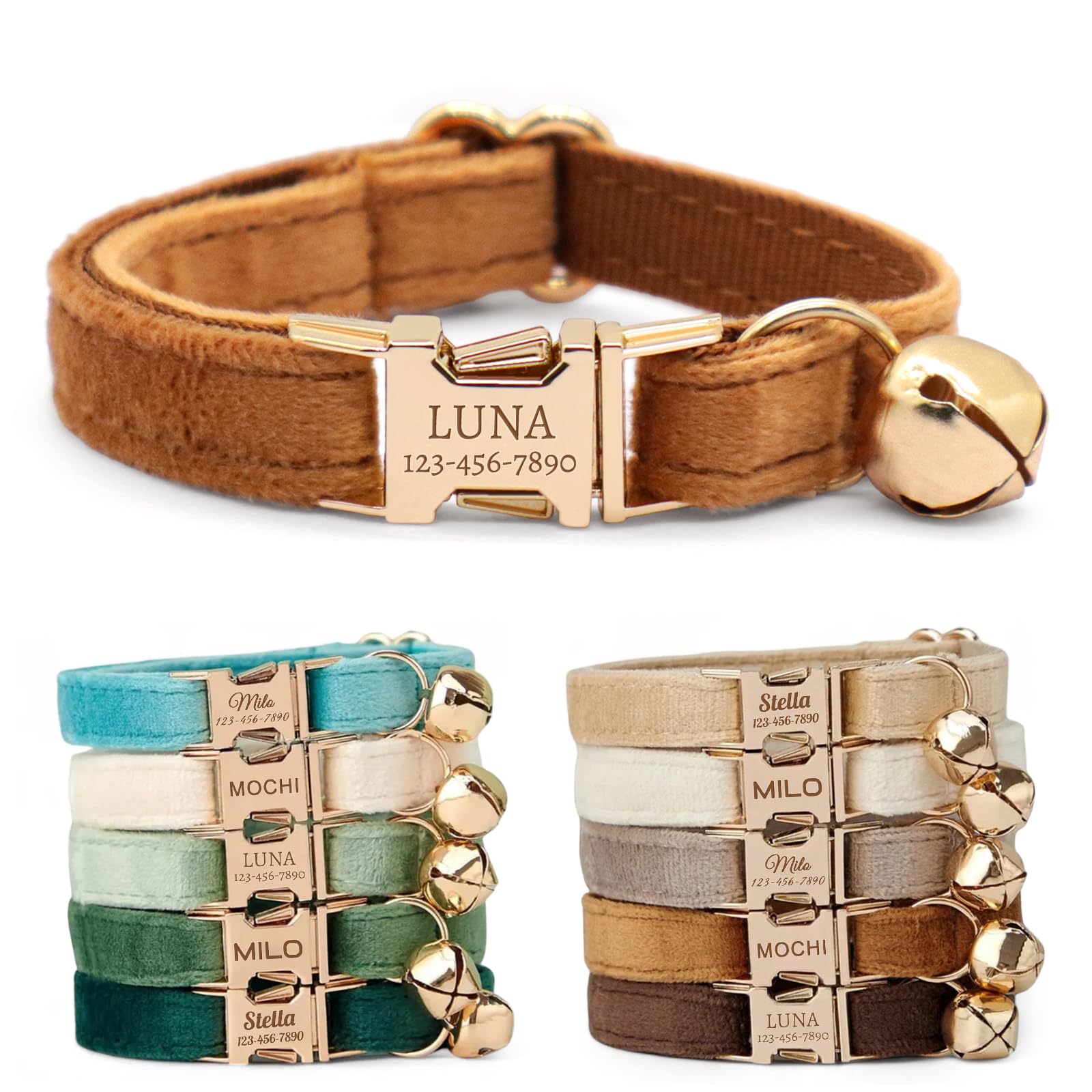 CHRYMPETIC Non-Breakaway Velvet Personalised Cat Collar with Name - Customisable Collar with Bell & Bow Tie Available (Brown)